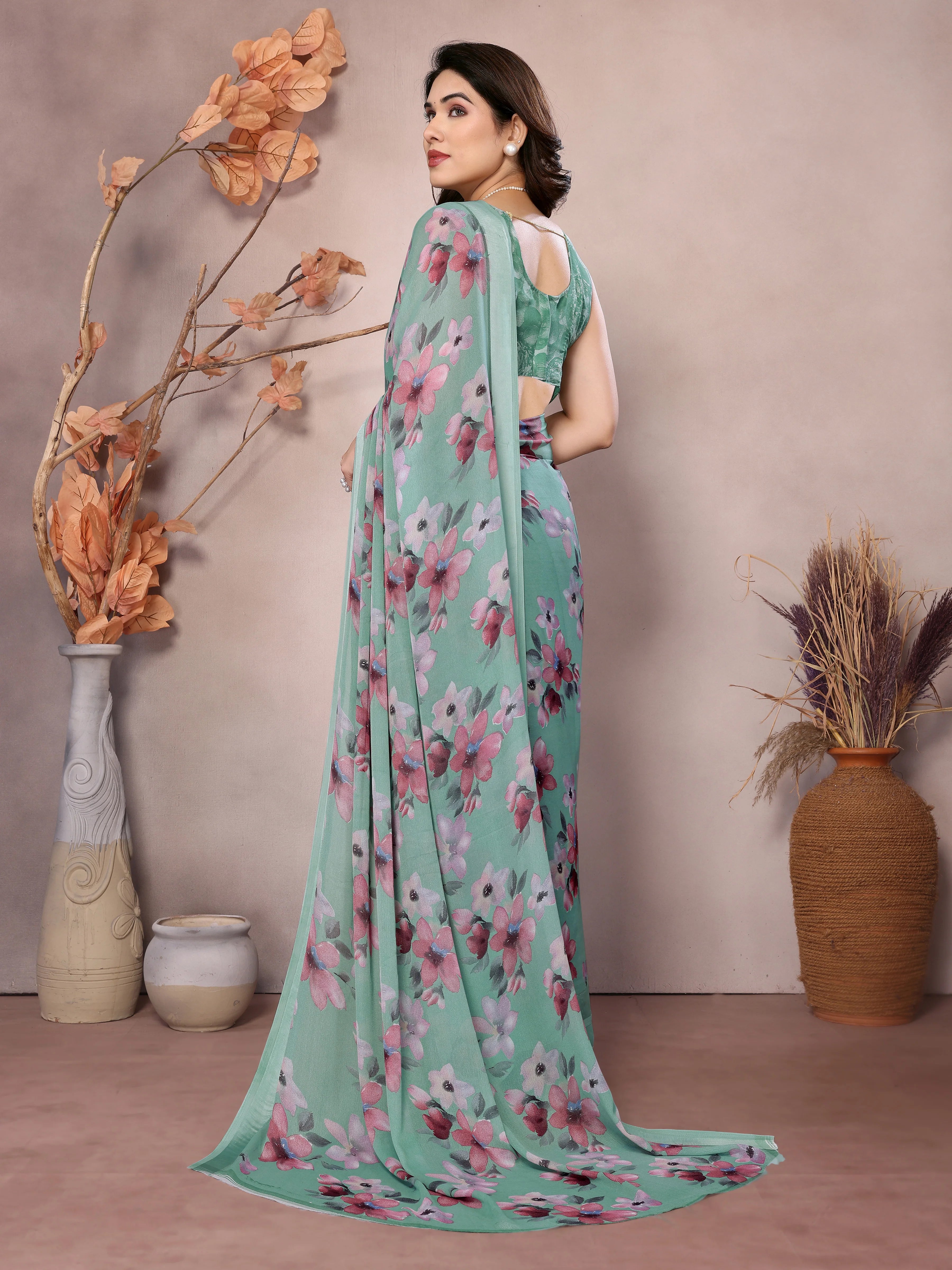 SHYAMIKA Bright Moss Satin Patta flower Printed Saree with Blouse