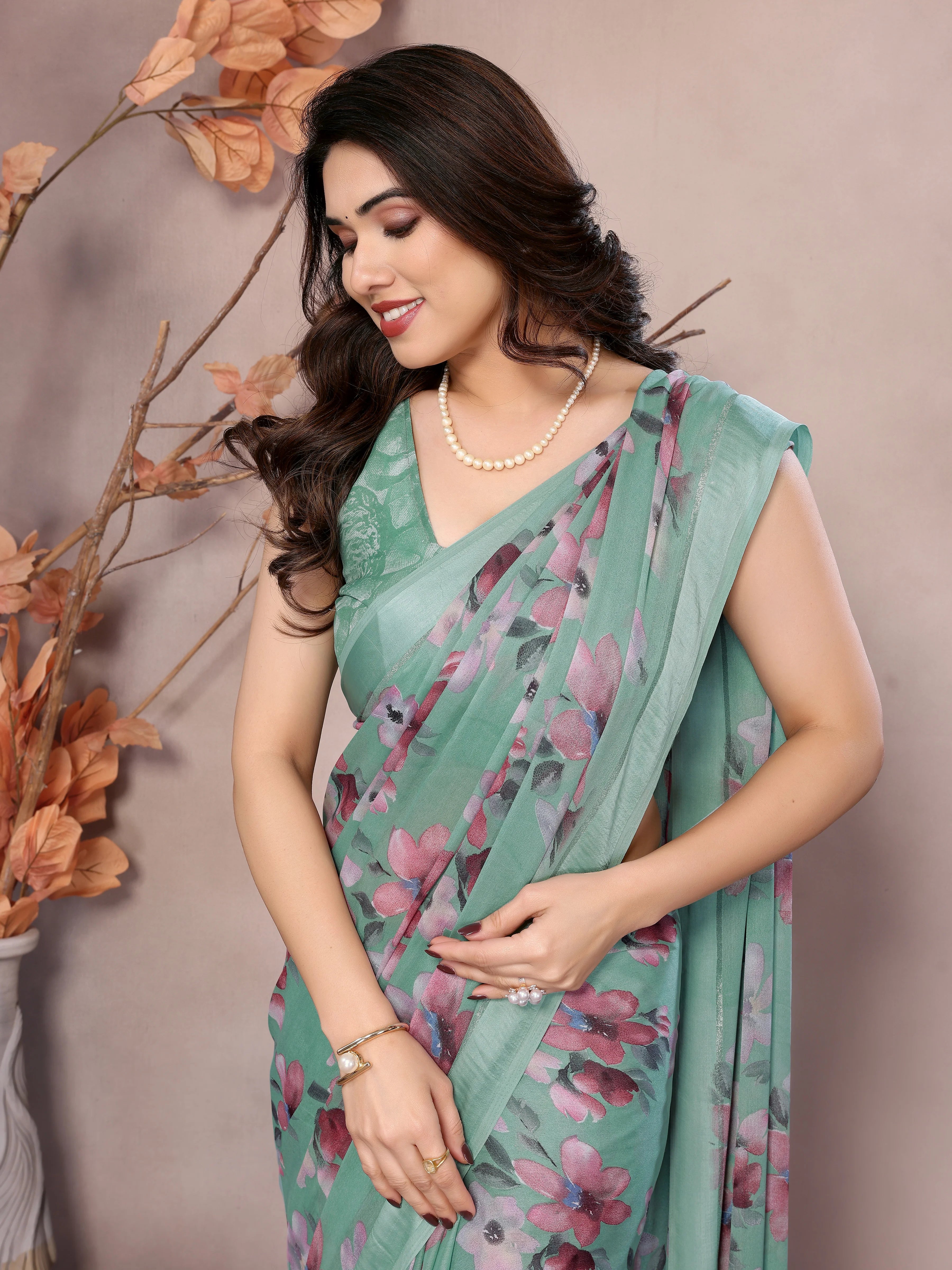 SHYAMIKA Bright Moss Satin Patta flower Printed Saree with Blouse