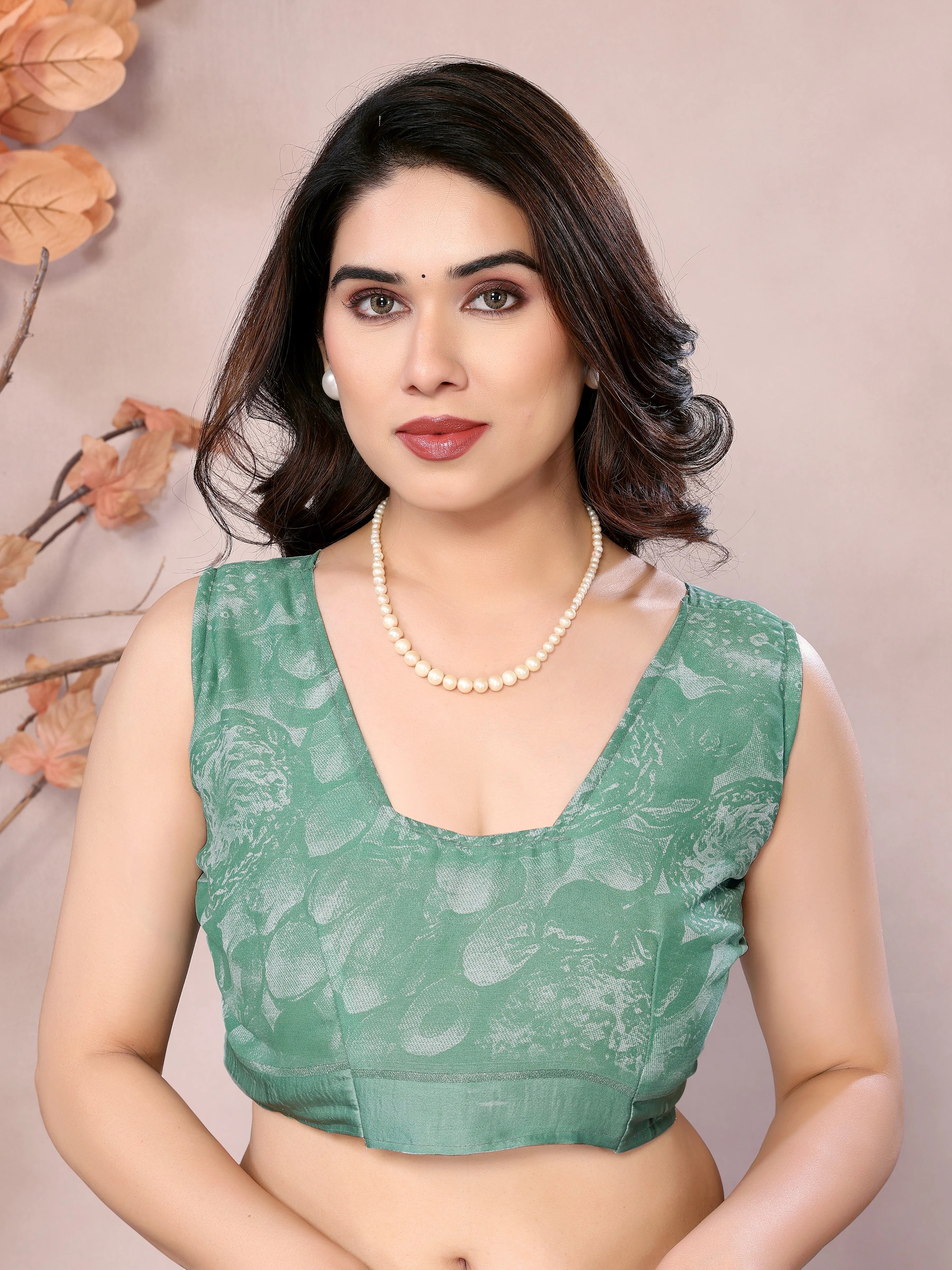 SHYAMIKA Bright Moss Satin Patta flower Printed Saree with Blouse