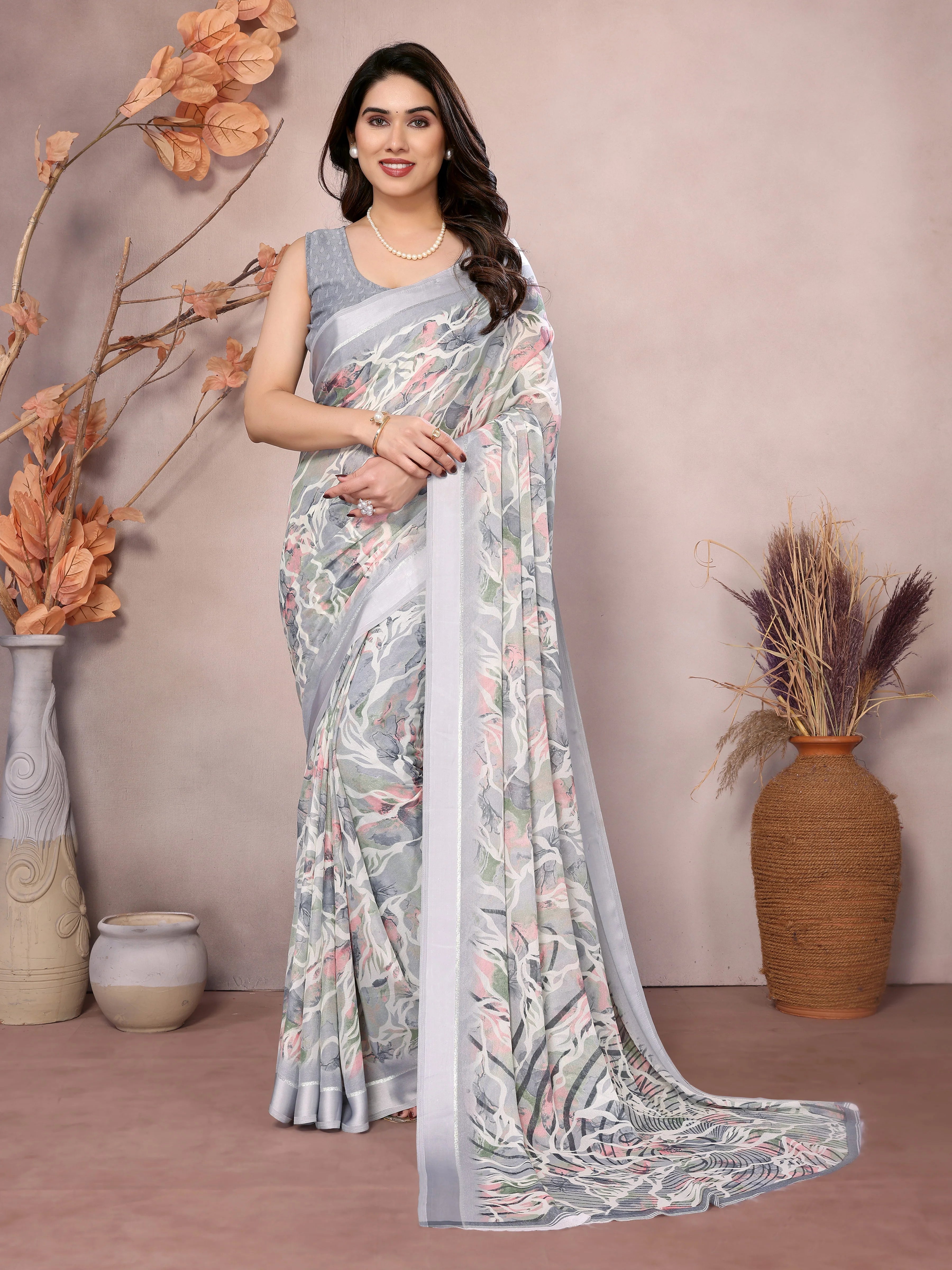 SHYAMIKA Bright Moss Satin Patta flower Printed Saree with Blouse