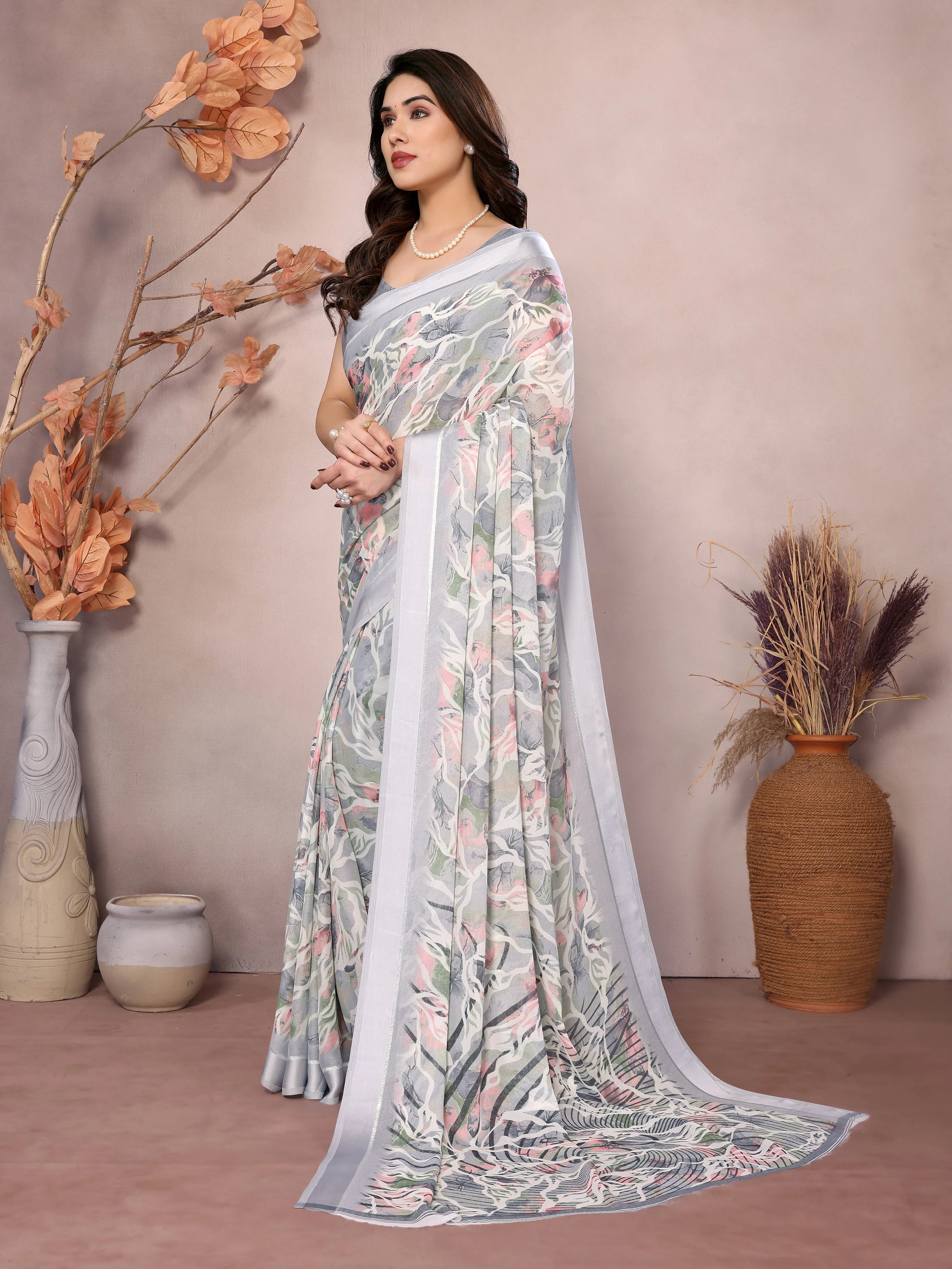 SHYAMIKA Bright Moss Satin Patta flower Printed Saree with Blouse