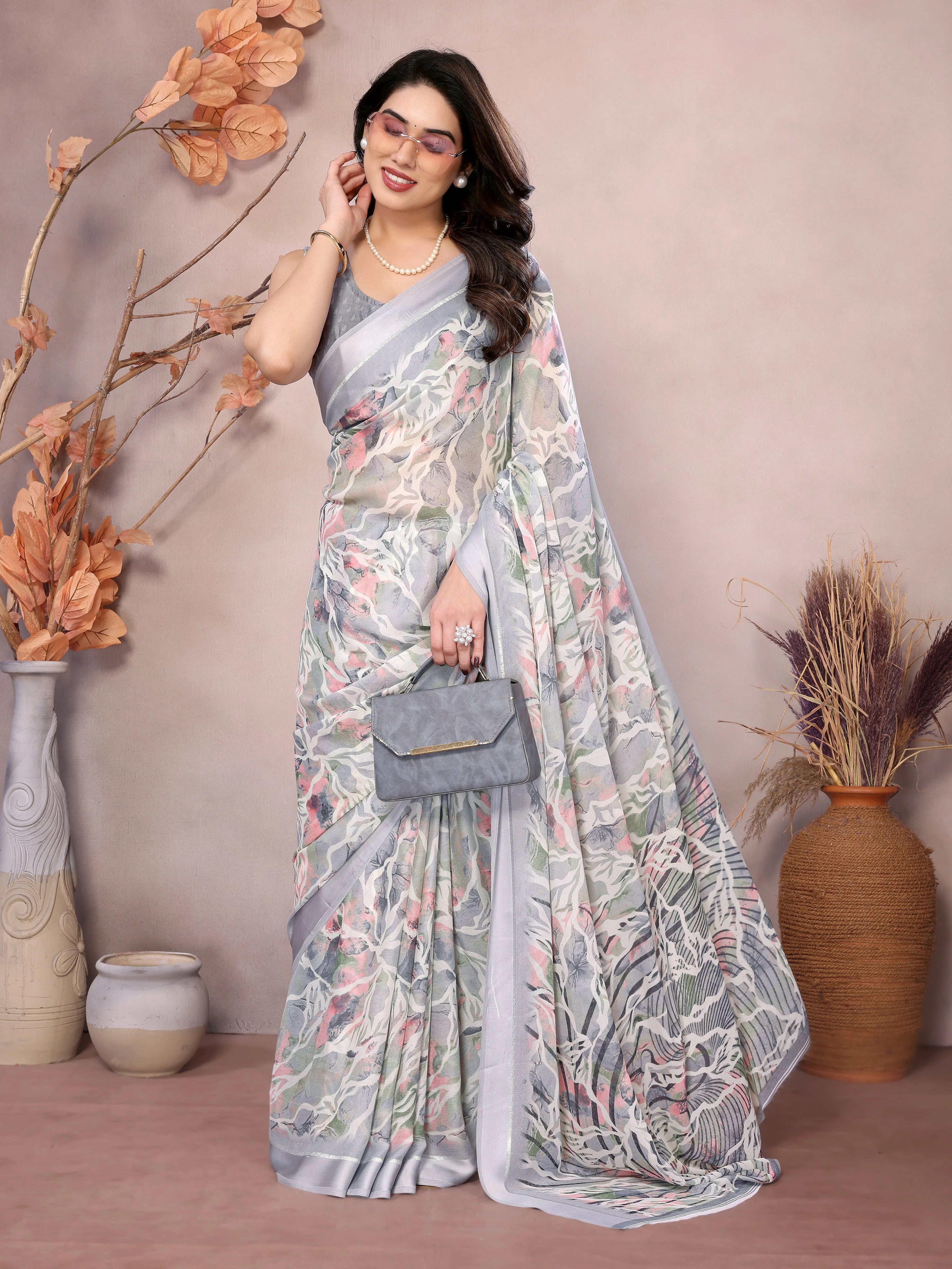 SHYAMIKA Bright Moss Satin Patta flower Printed Saree with Blouse
