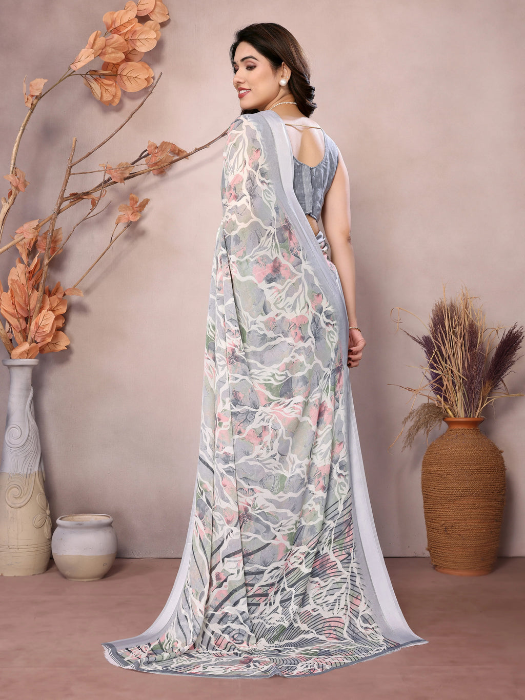 SHYAMIKA Bright Moss Satin Patta flower Printed Saree with Blouse