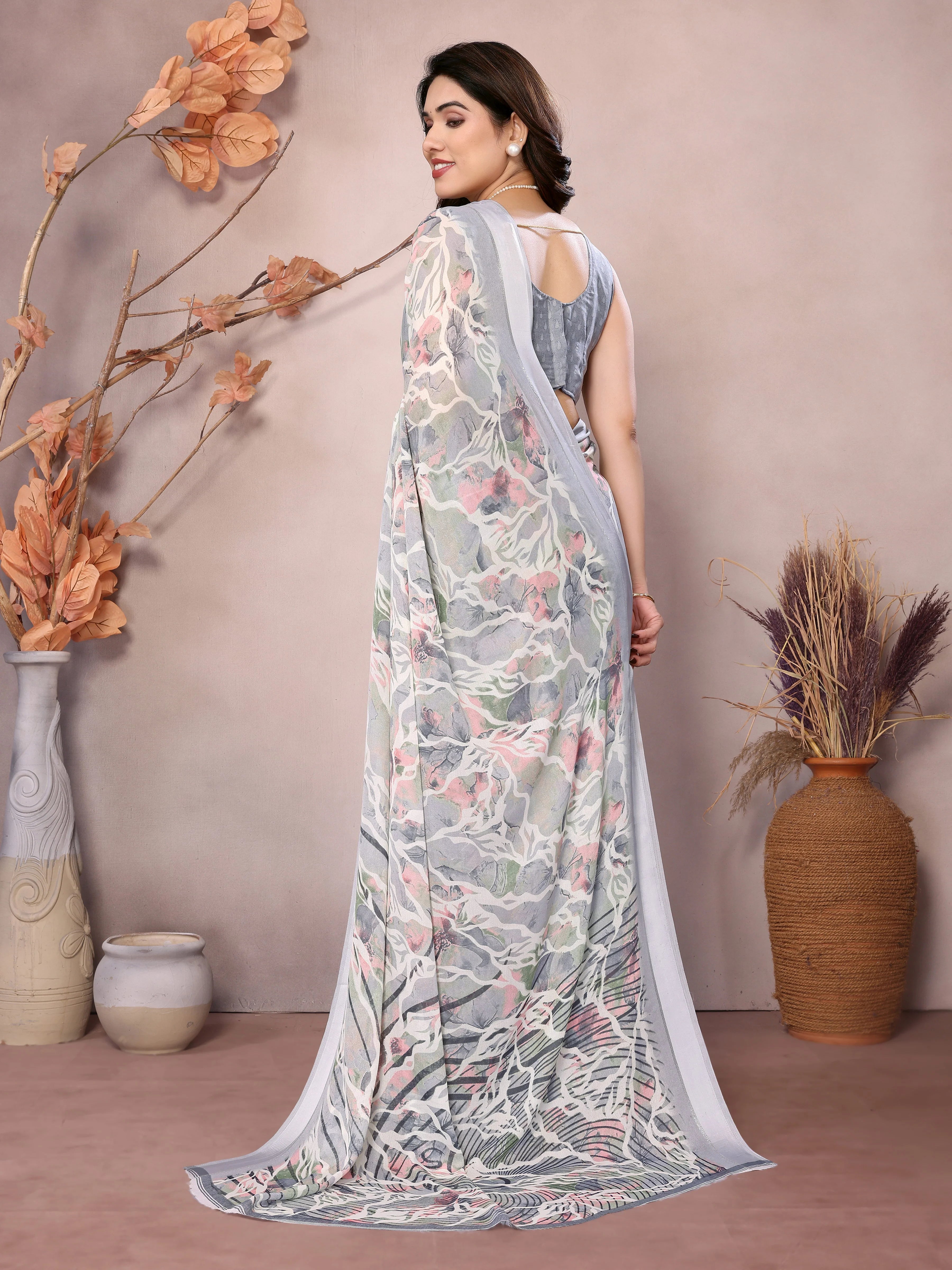 SHYAMIKA Bright Moss Satin Patta flower Printed Saree with Blouse
