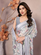 SHYAMIKA Bright Moss Satin Patta flower Printed Saree with Blouse
