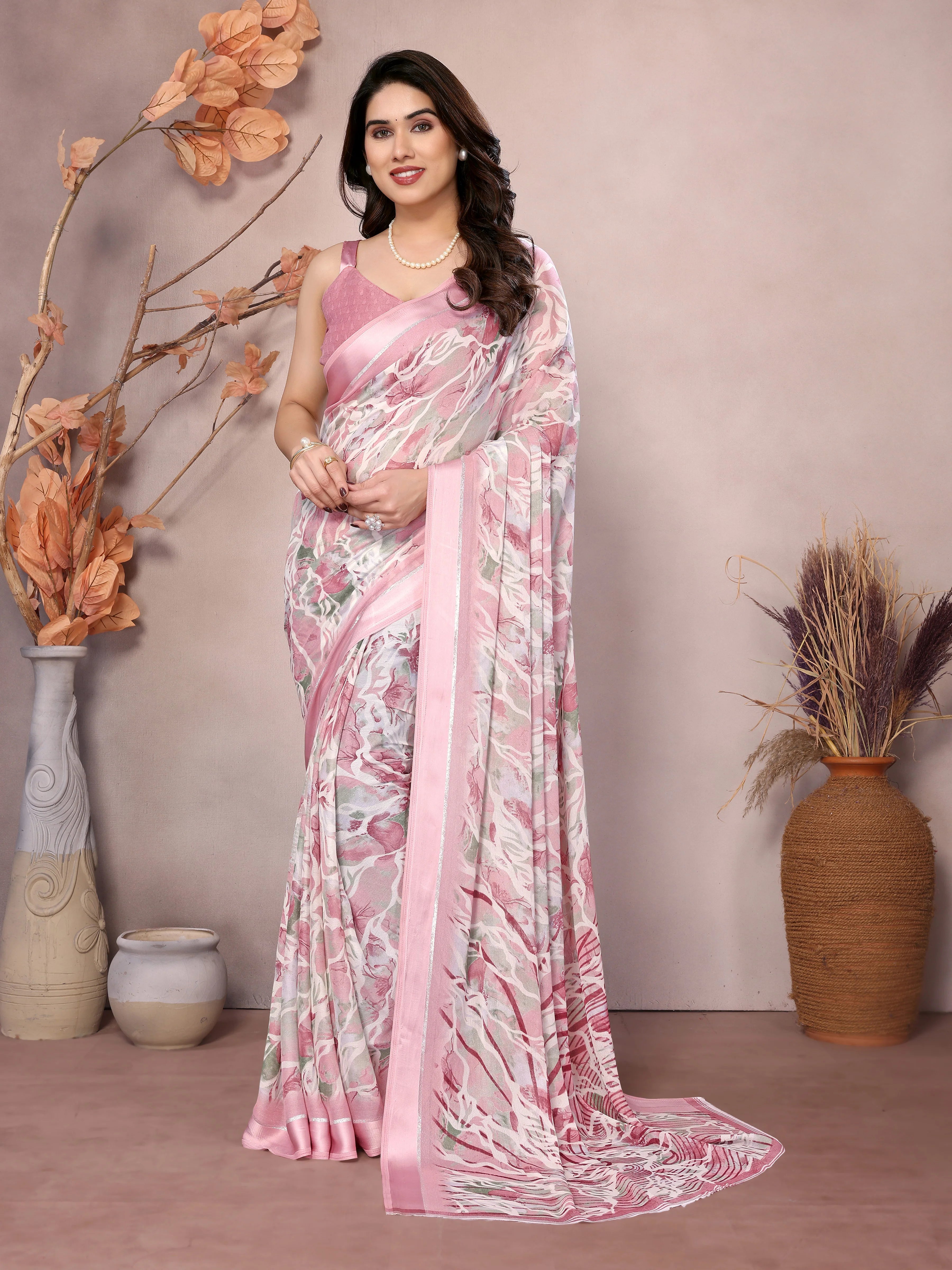 SHYAMIKA Bright Moss Satin Patta flower Printed Saree with Blouse