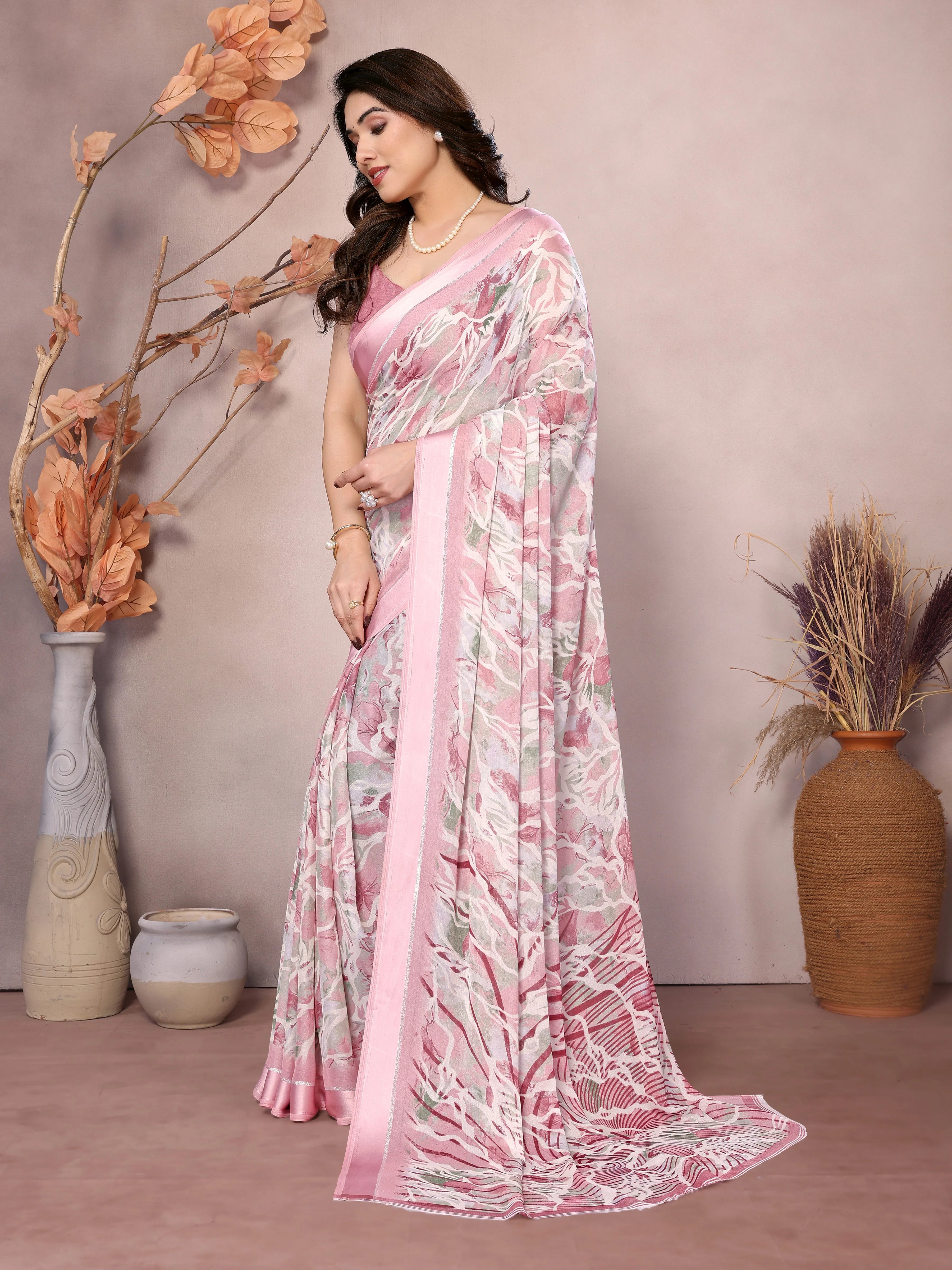 SHYAMIKA Bright Moss Satin Patta flower Printed Saree with Blouse