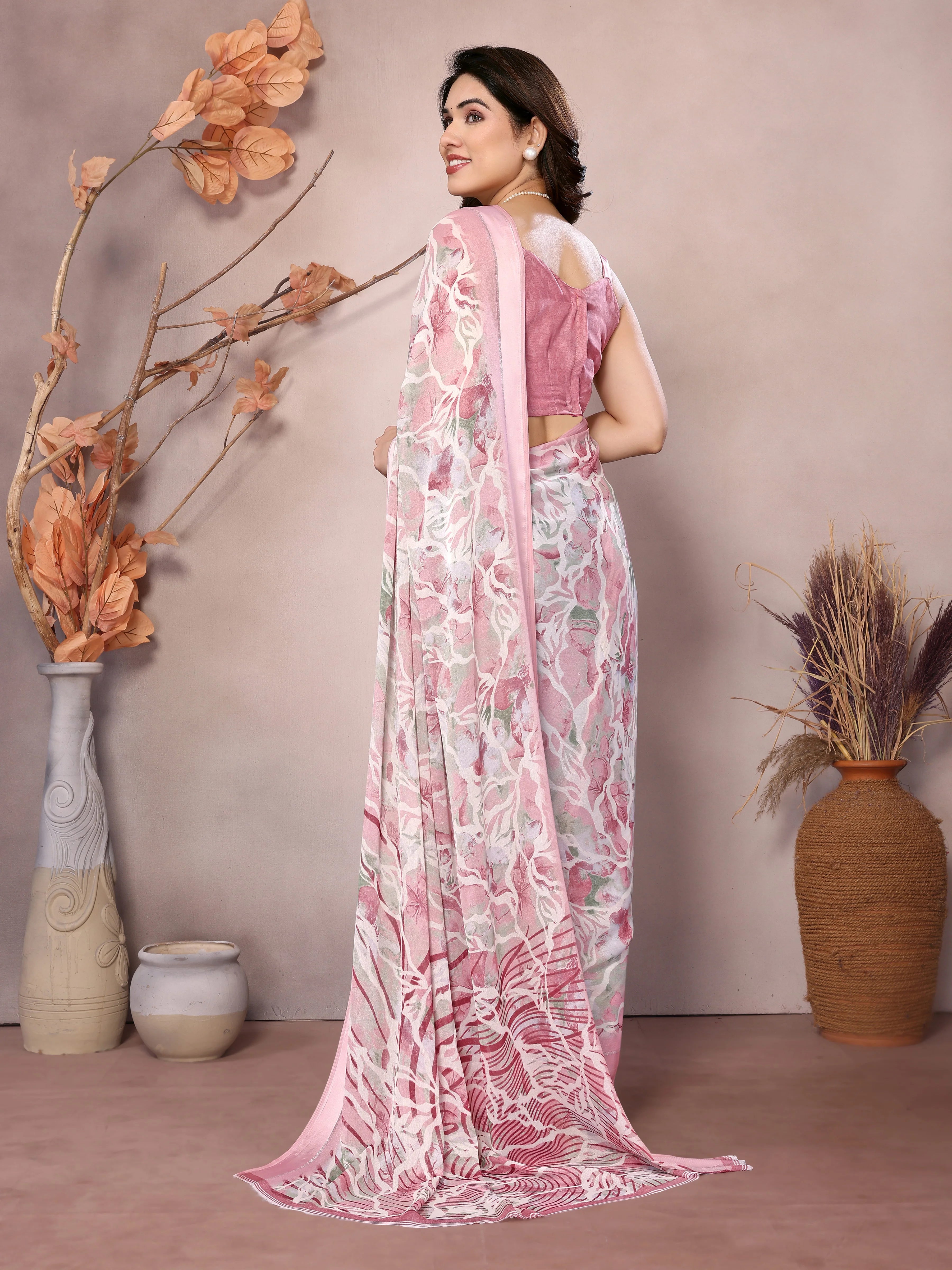 SHYAMIKA Bright Moss Satin Patta flower Printed Saree with Blouse