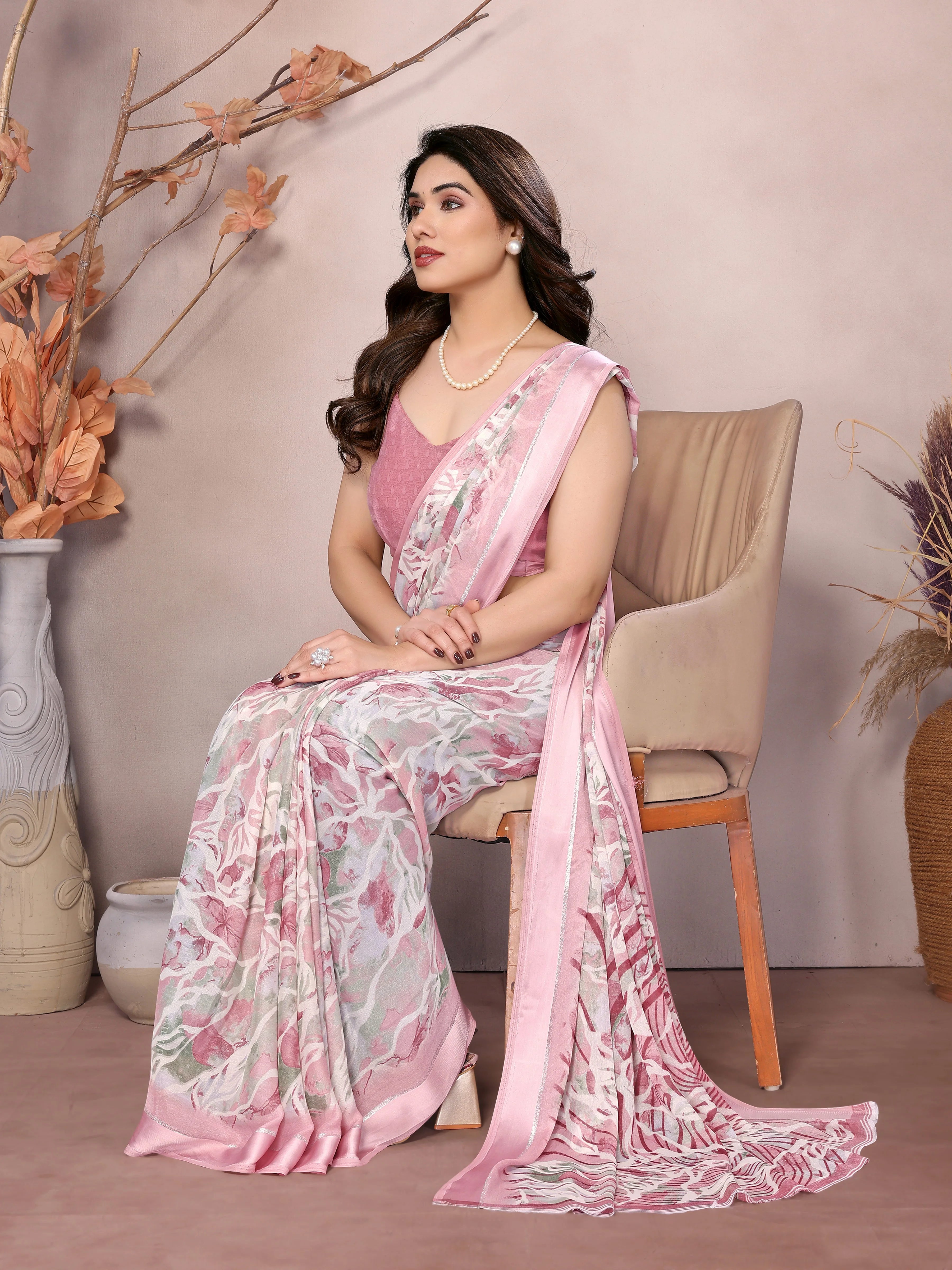 SHYAMIKA Bright Moss Satin Patta flower Printed Saree with Blouse