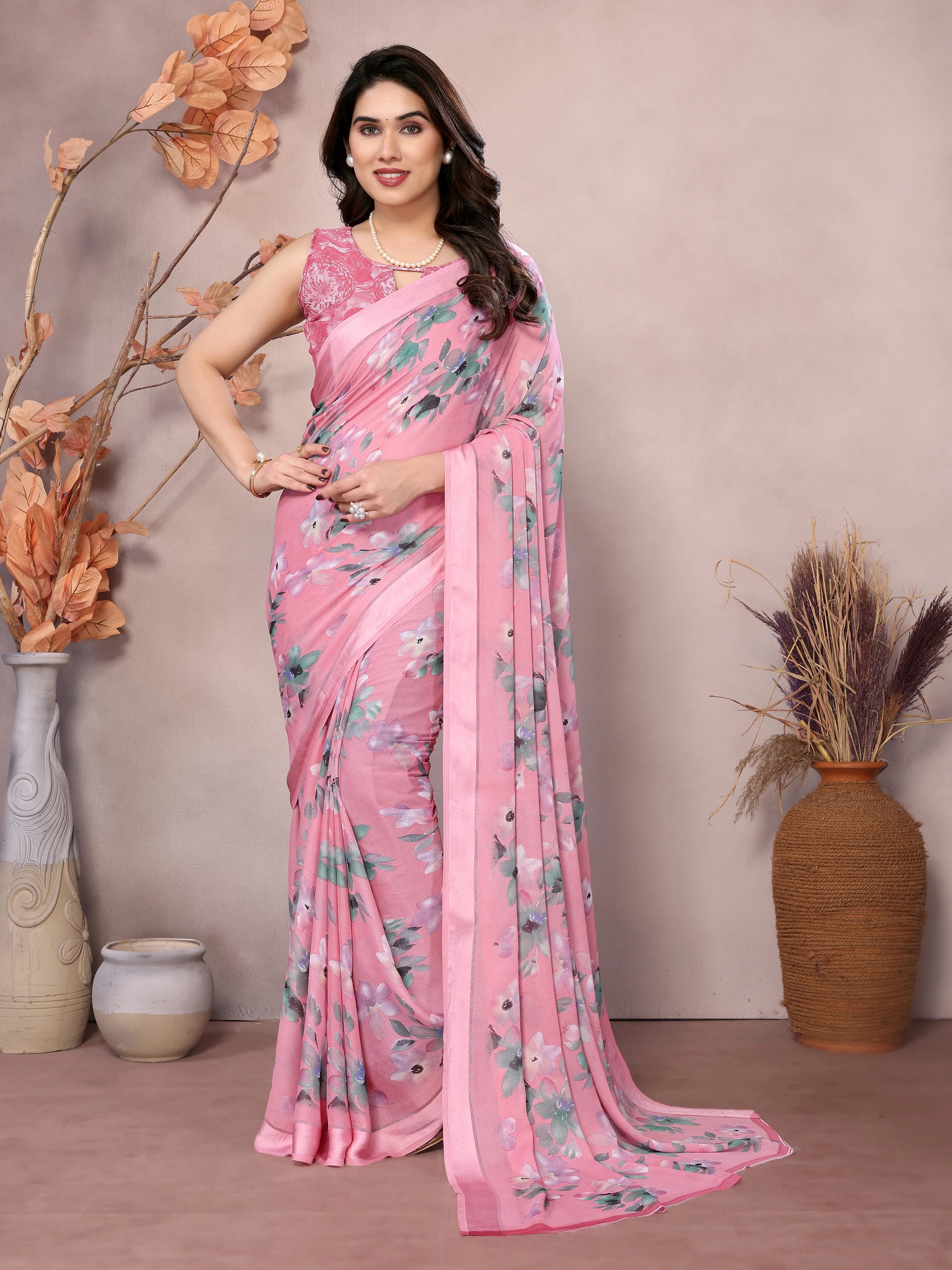 SHYAMIKA Bright Moss Satin Patta flower Printed Saree with Blouse