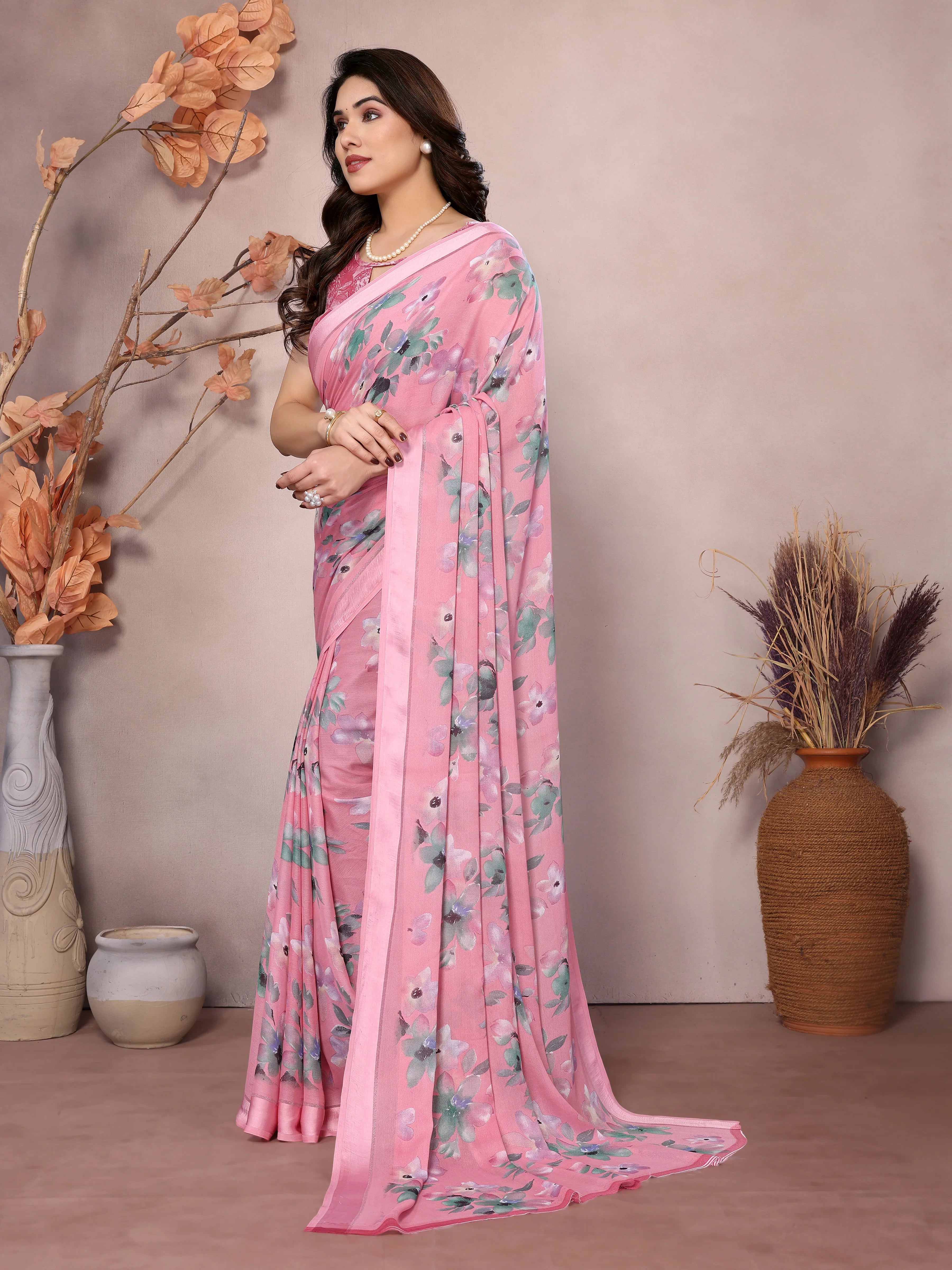 SHYAMIKA Bright Moss Satin Patta flower Printed Saree with Blouse