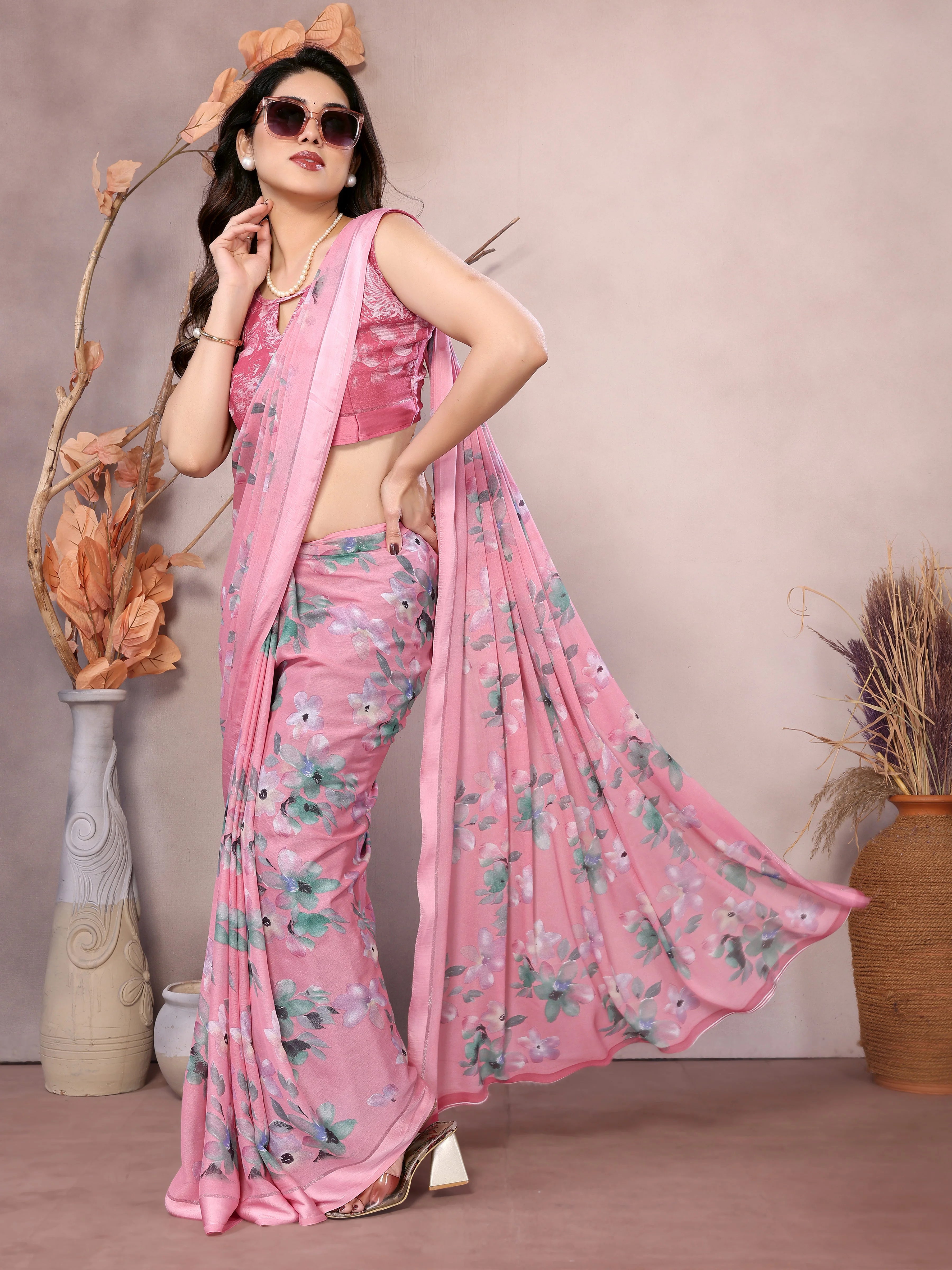 SHYAMIKA Bright Moss Satin Patta flower Printed Saree with Blouse
