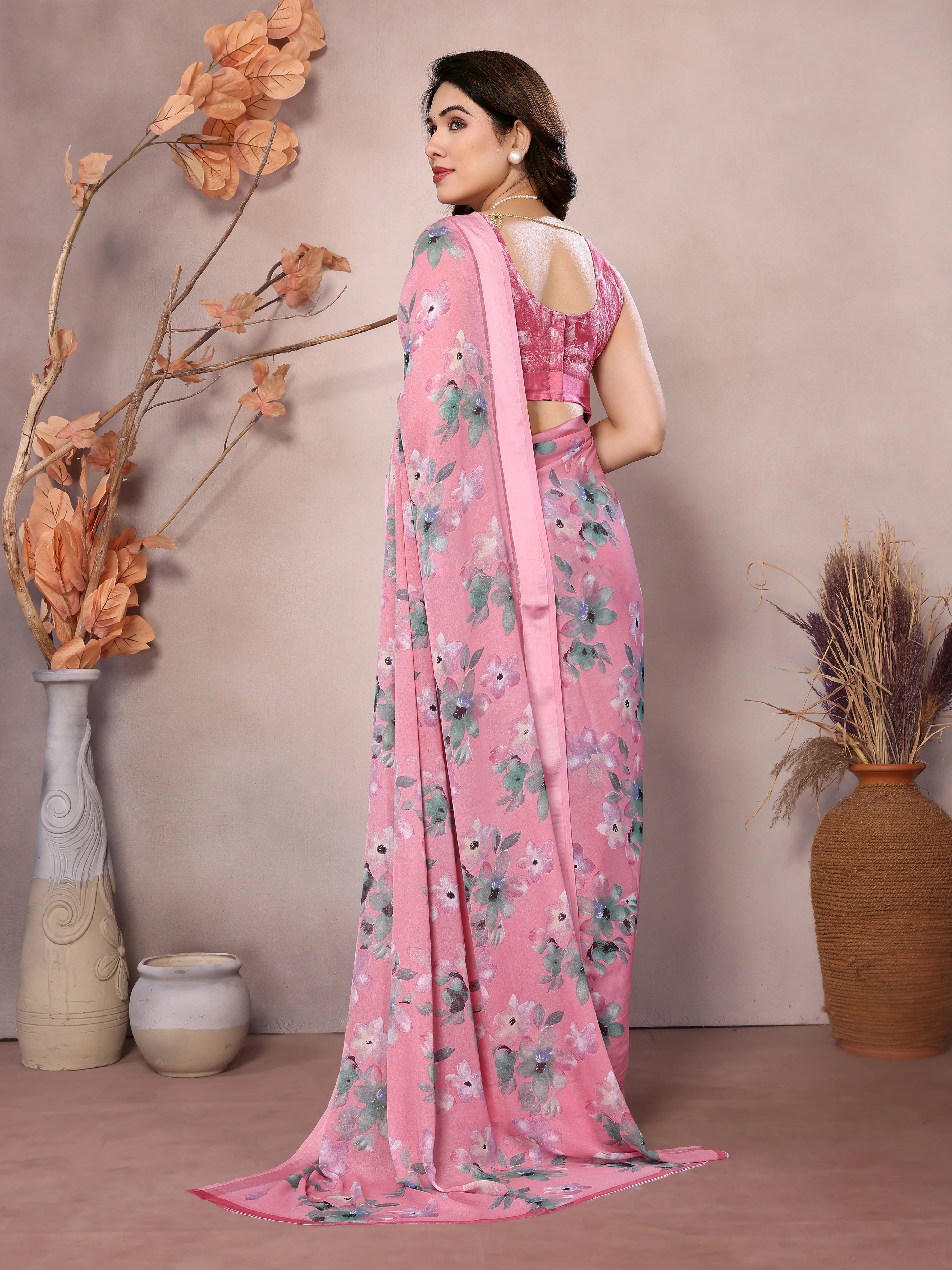 SHYAMIKA Bright Moss Satin Patta flower Printed Saree with Blouse
