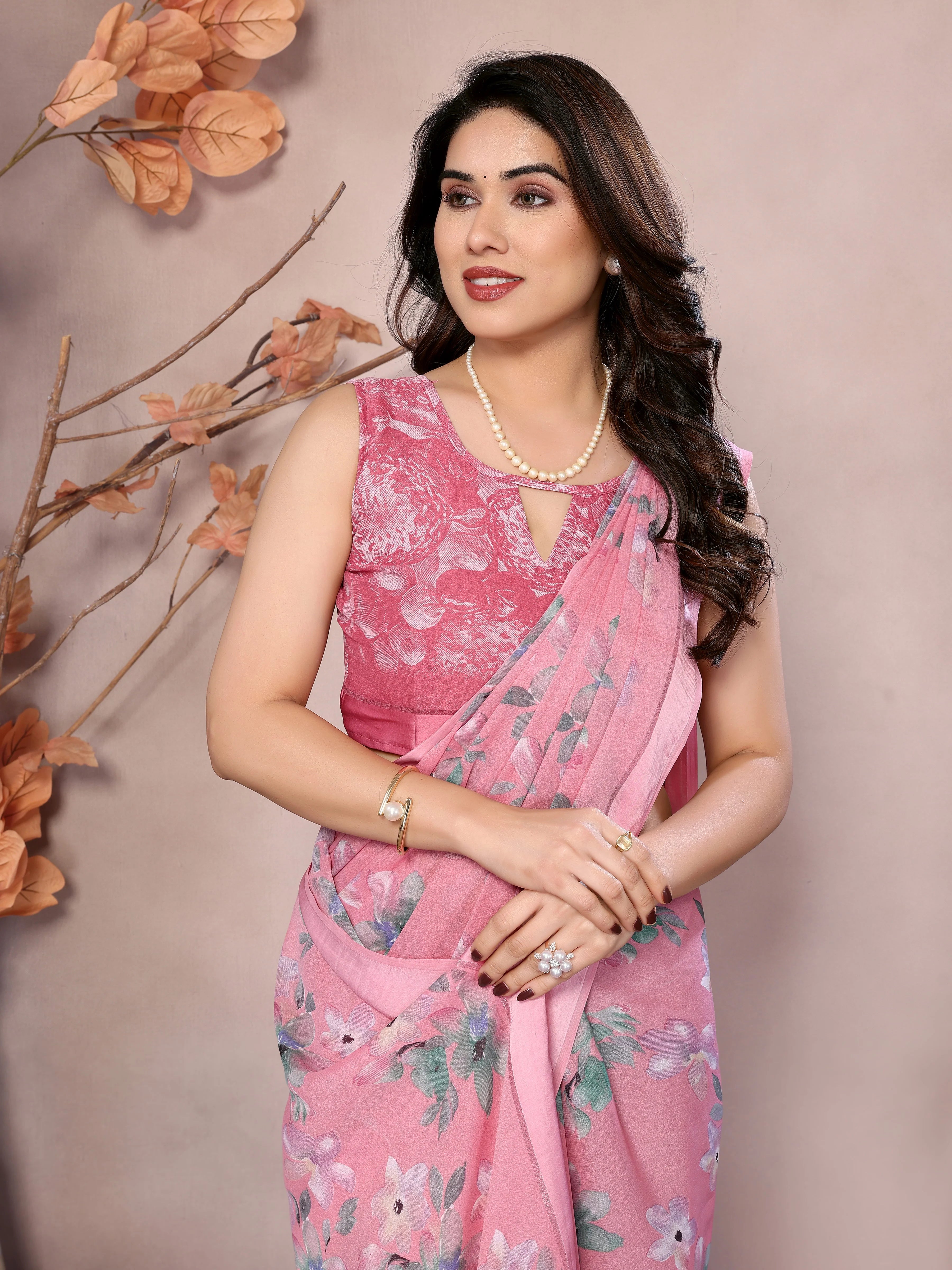 SHYAMIKA Bright Moss Satin Patta flower Printed Saree with Blouse