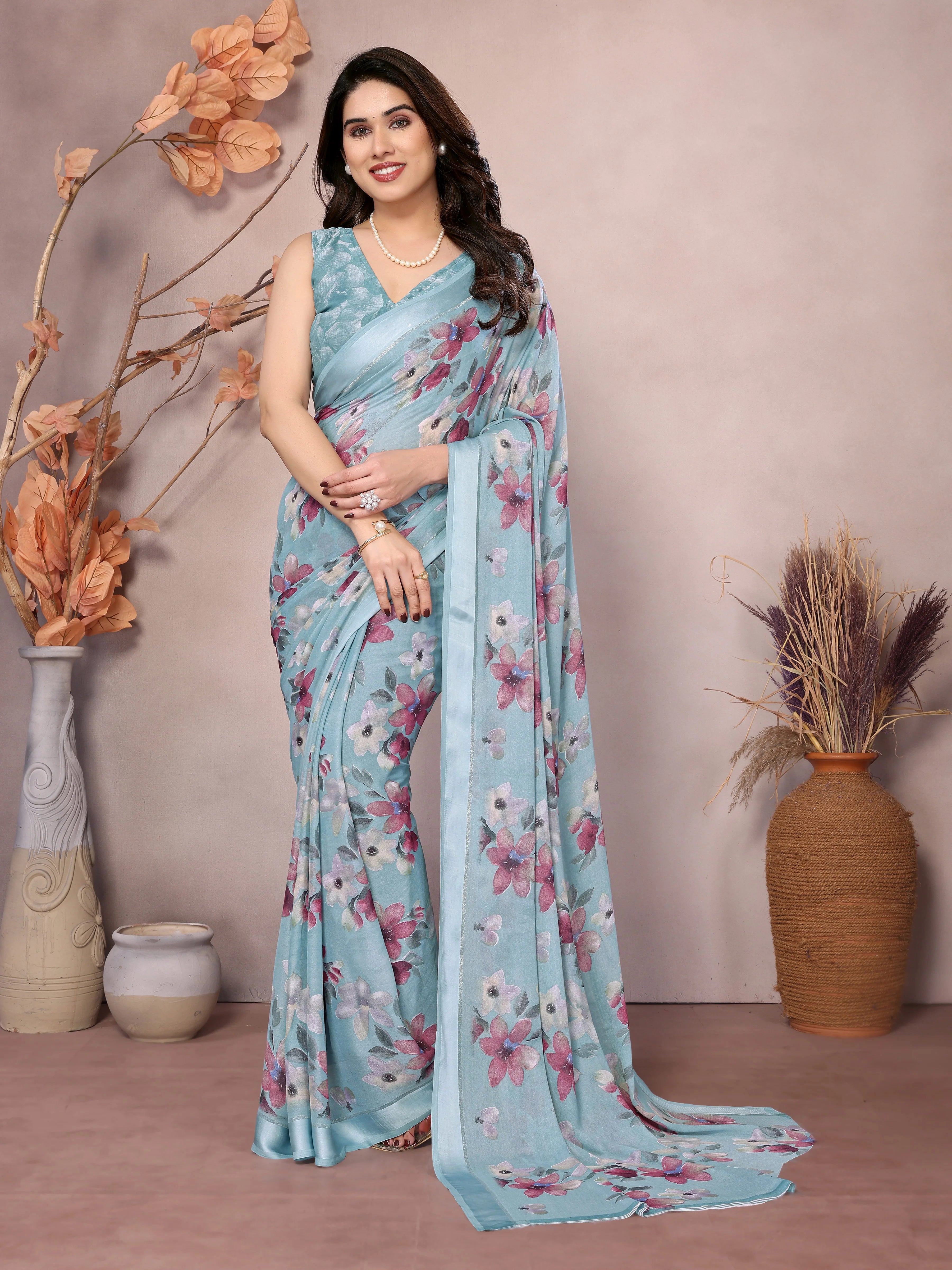 SHYAMIKA Bright Moss Satin Patta flower Printed Saree with Blouse