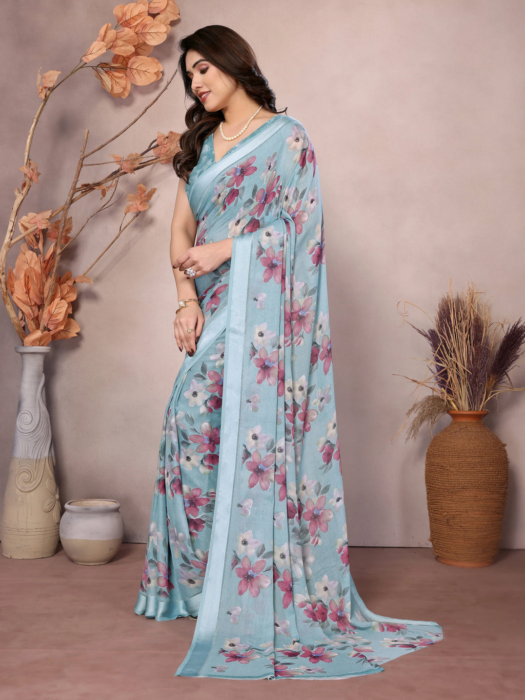 SHYAMIKA Bright Moss Satin Patta flower Printed Saree with Blouse
