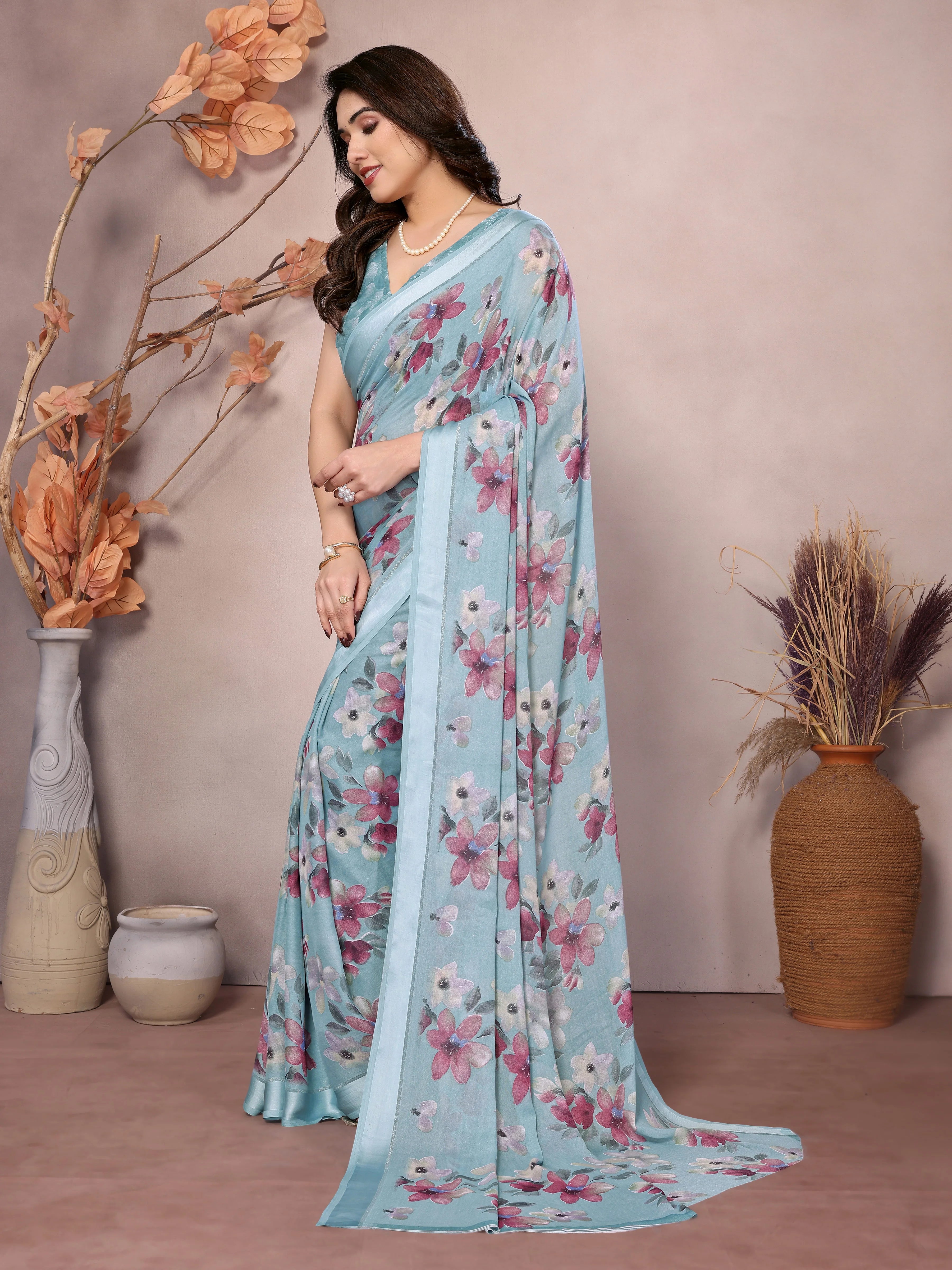 SHYAMIKA Bright Moss Satin Patta flower Printed Saree with Blouse