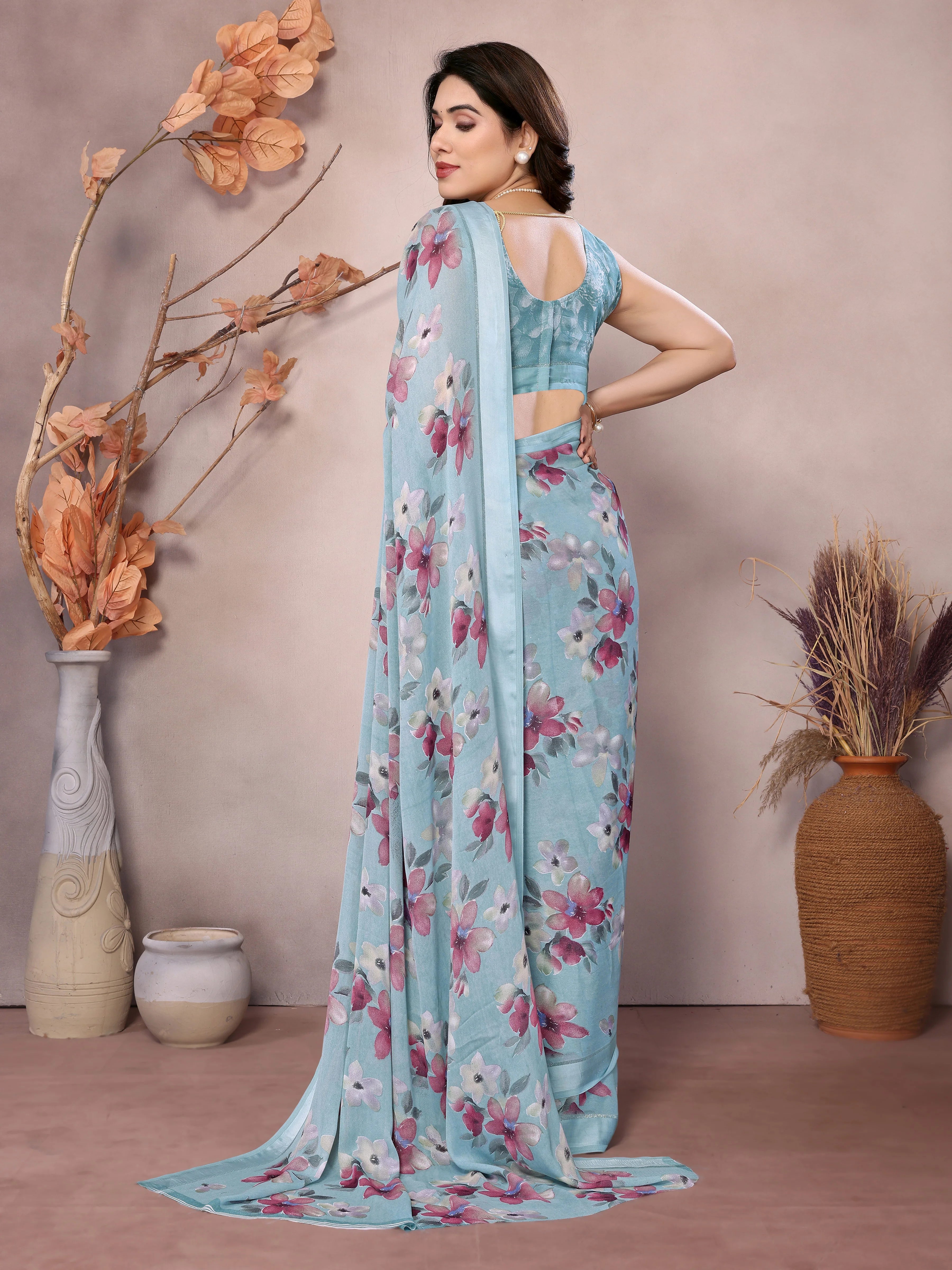 SHYAMIKA Bright Moss Satin Patta flower Printed Saree with Blouse