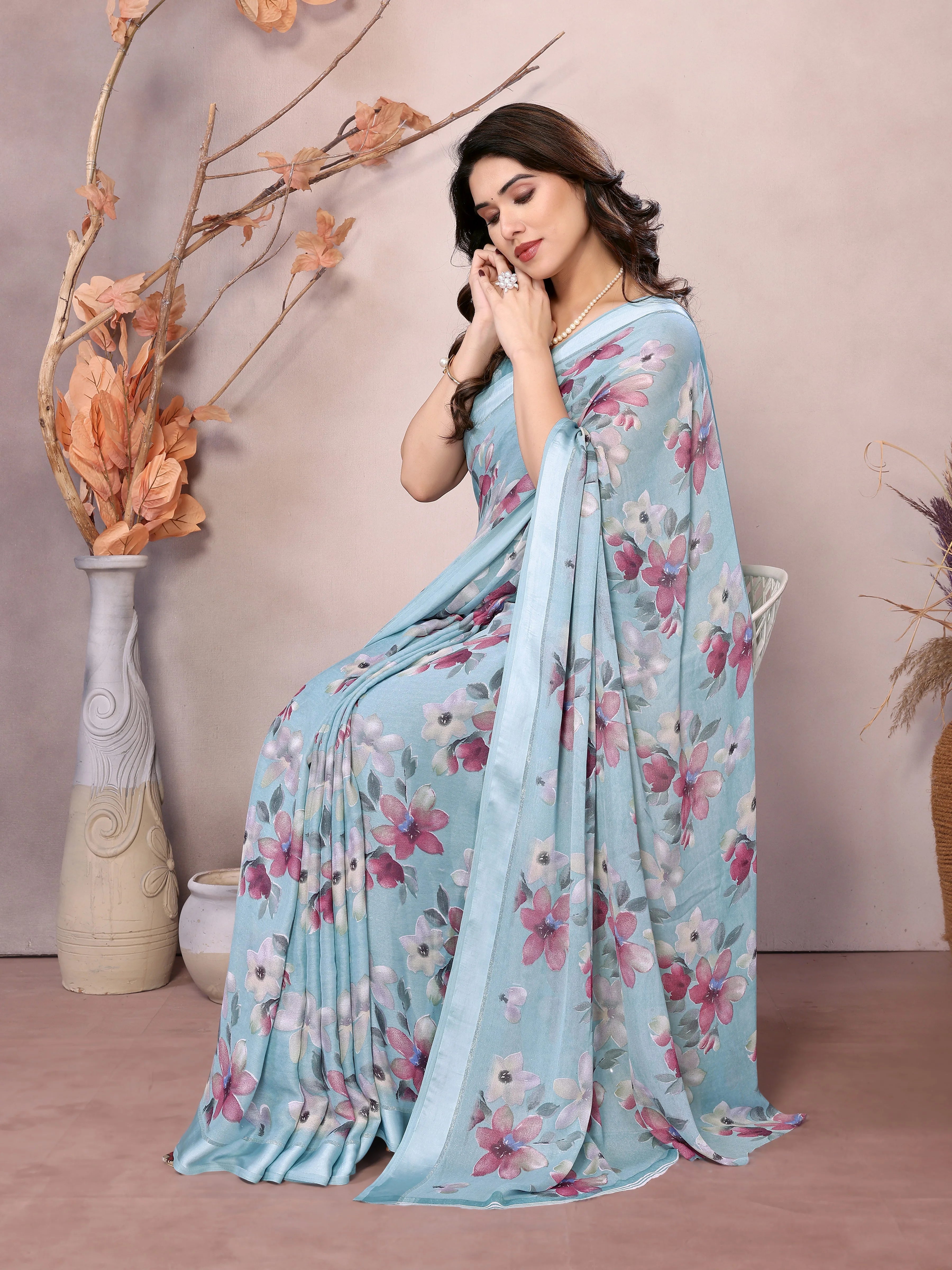 SHYAMIKA Bright Moss Satin Patta flower Printed Saree with Blouse