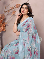 SHYAMIKA Bright Moss Satin Patta flower Printed Saree with Blouse