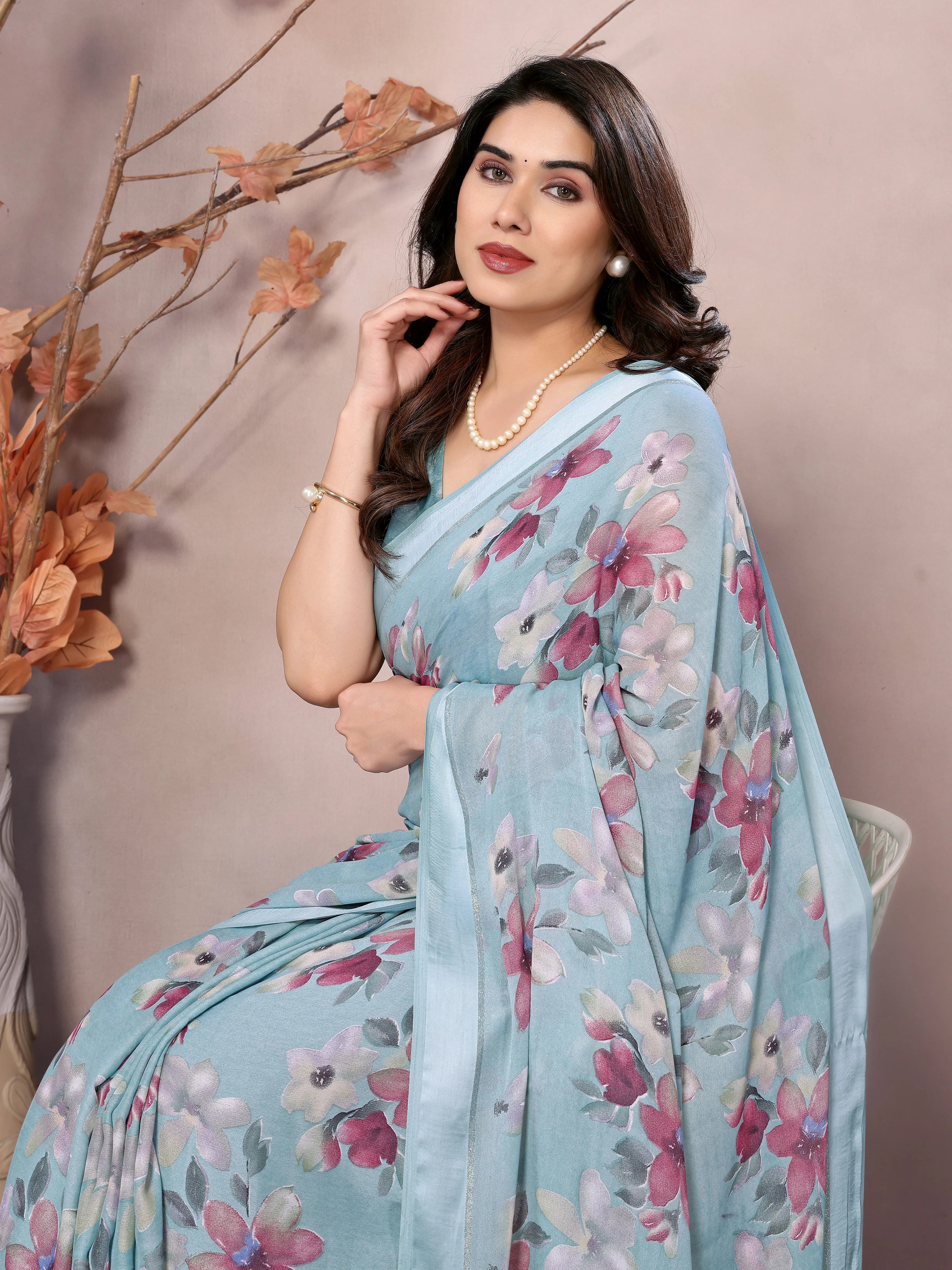SHYAMIKA Bright Moss Satin Patta flower Printed Saree with Blouse
