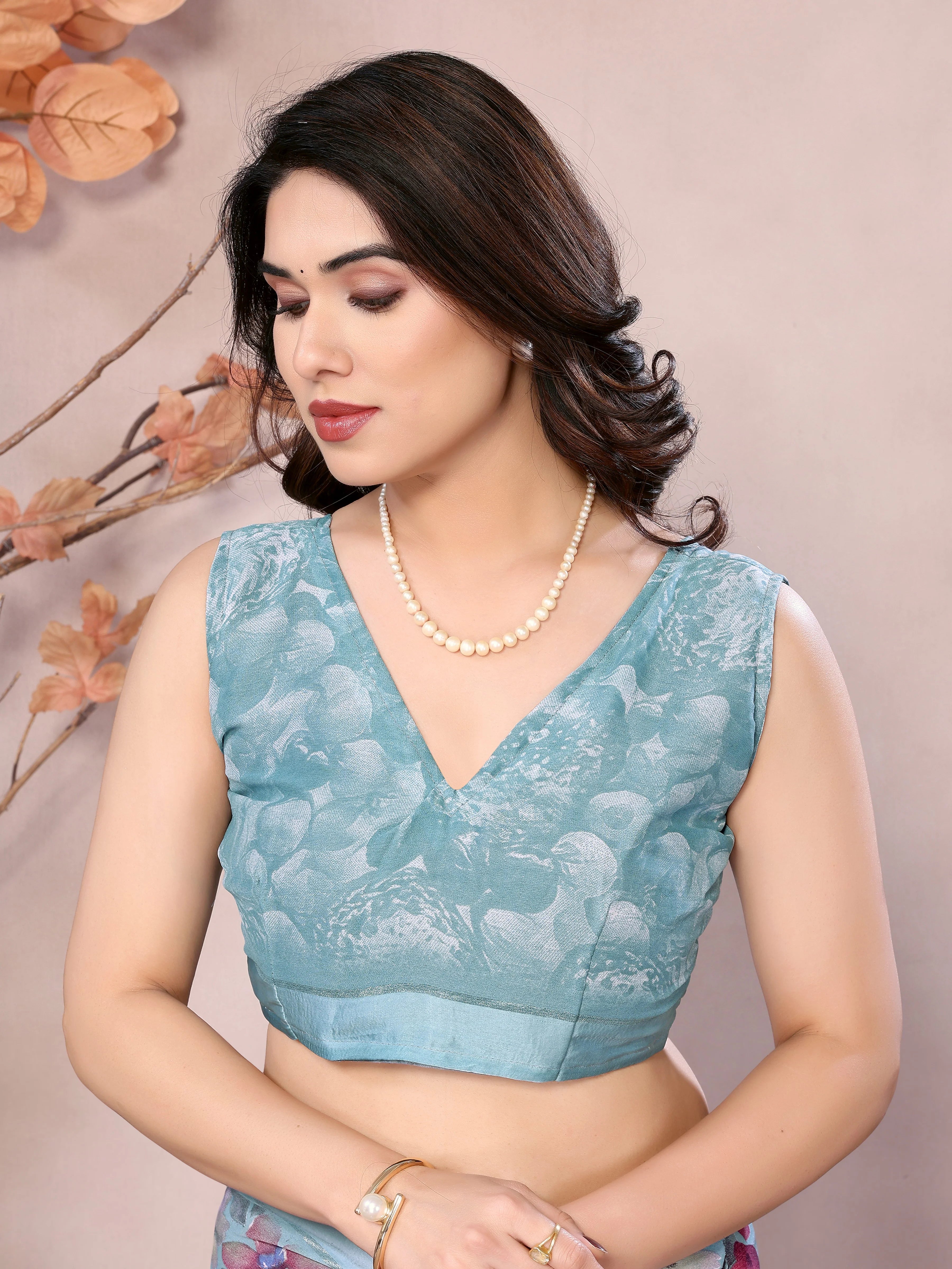 SHYAMIKA Bright Moss Satin Patta flower Printed Saree with Blouse