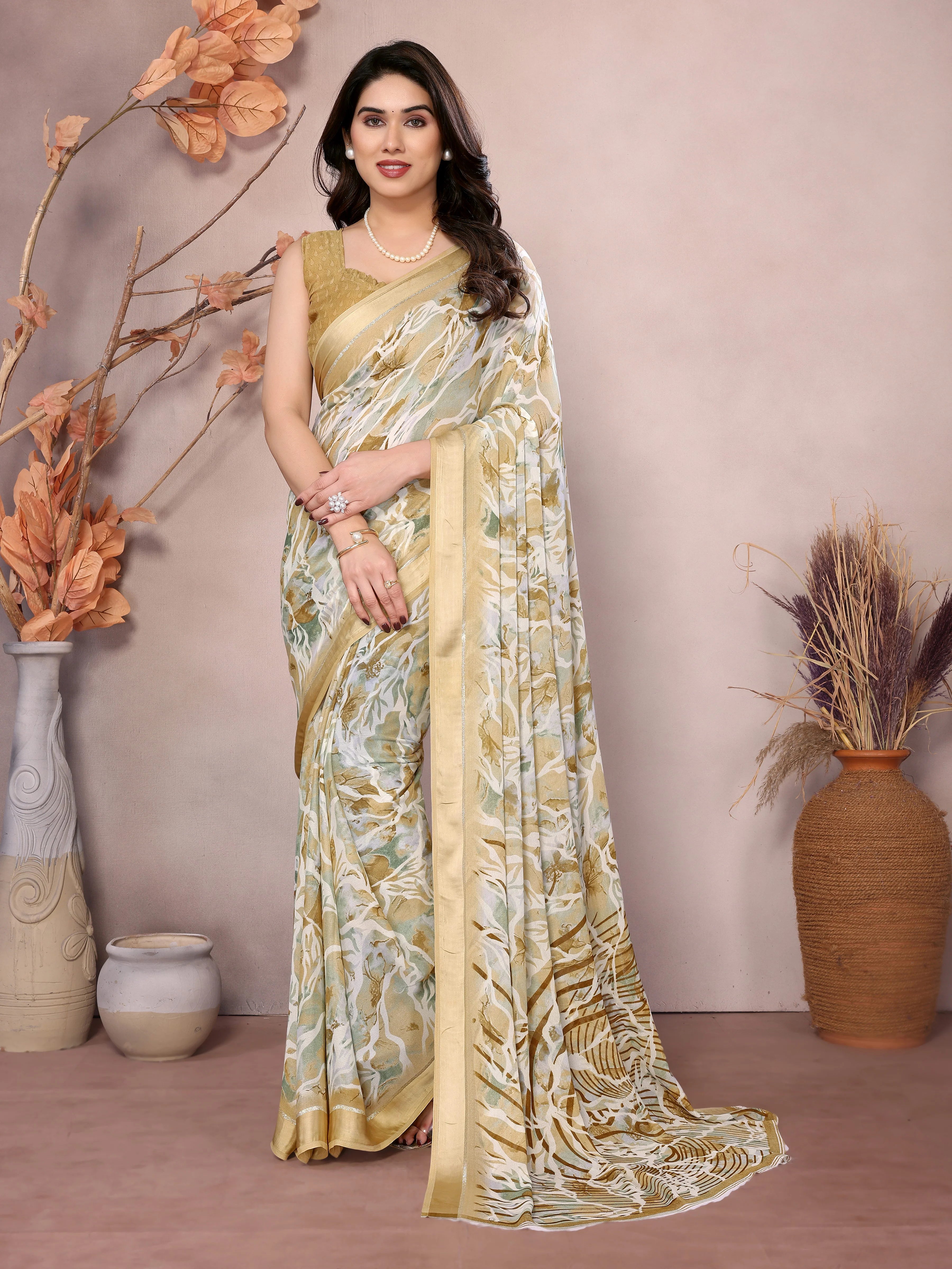 SHYAMIKA Bright Moss Satin Patta flower Printed Saree with Blouse