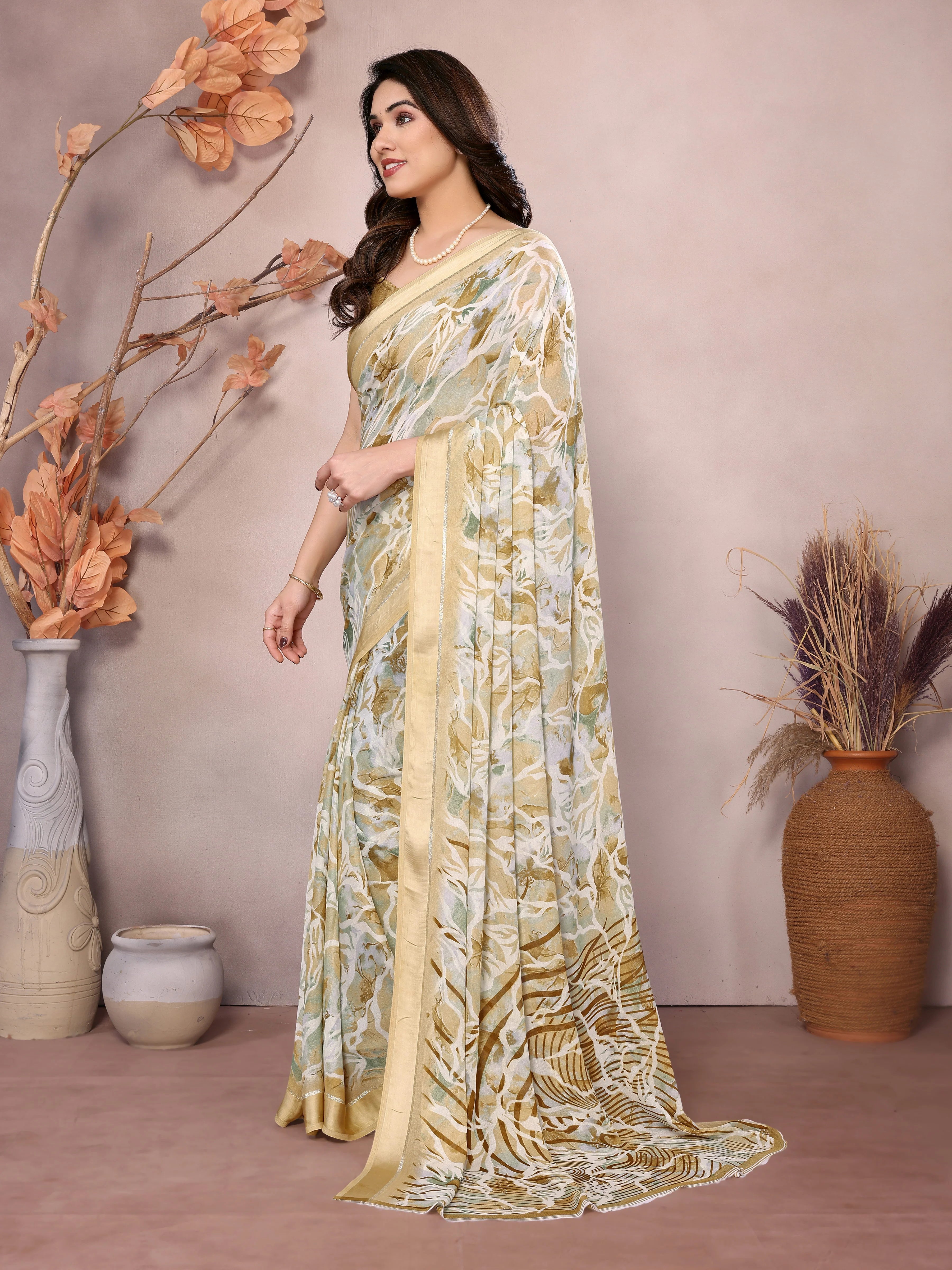 SHYAMIKA Bright Moss Satin Patta flower Printed Saree with Blouse