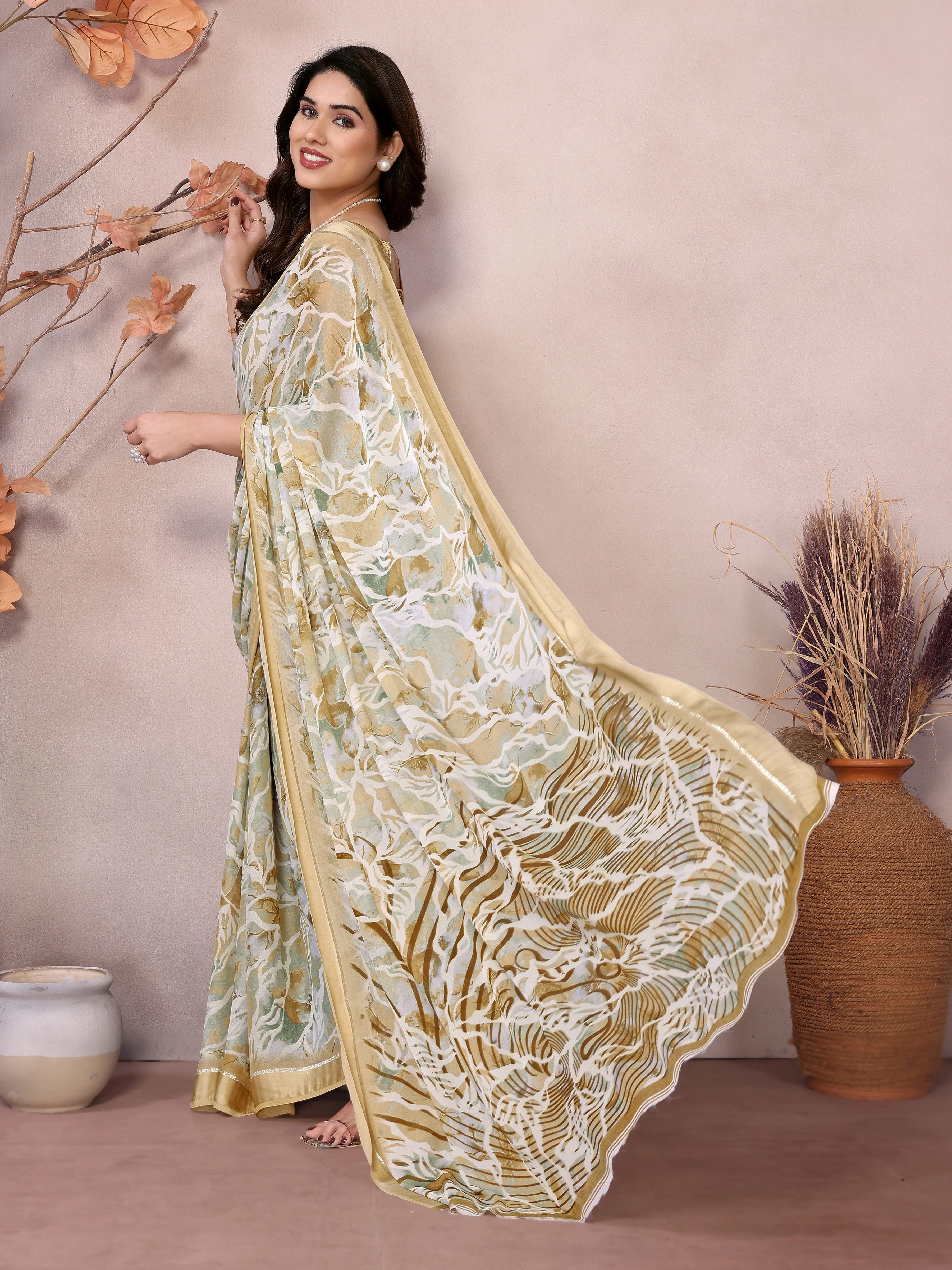 SHYAMIKA Bright Moss Satin Patta flower Printed Saree with Blouse