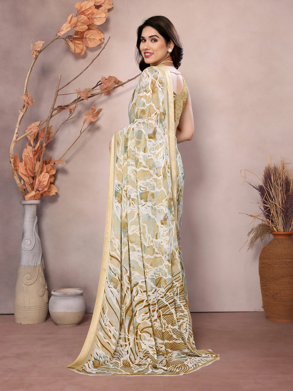 SHYAMIKA Bright Moss Satin Patta flower Printed Saree with Blouse