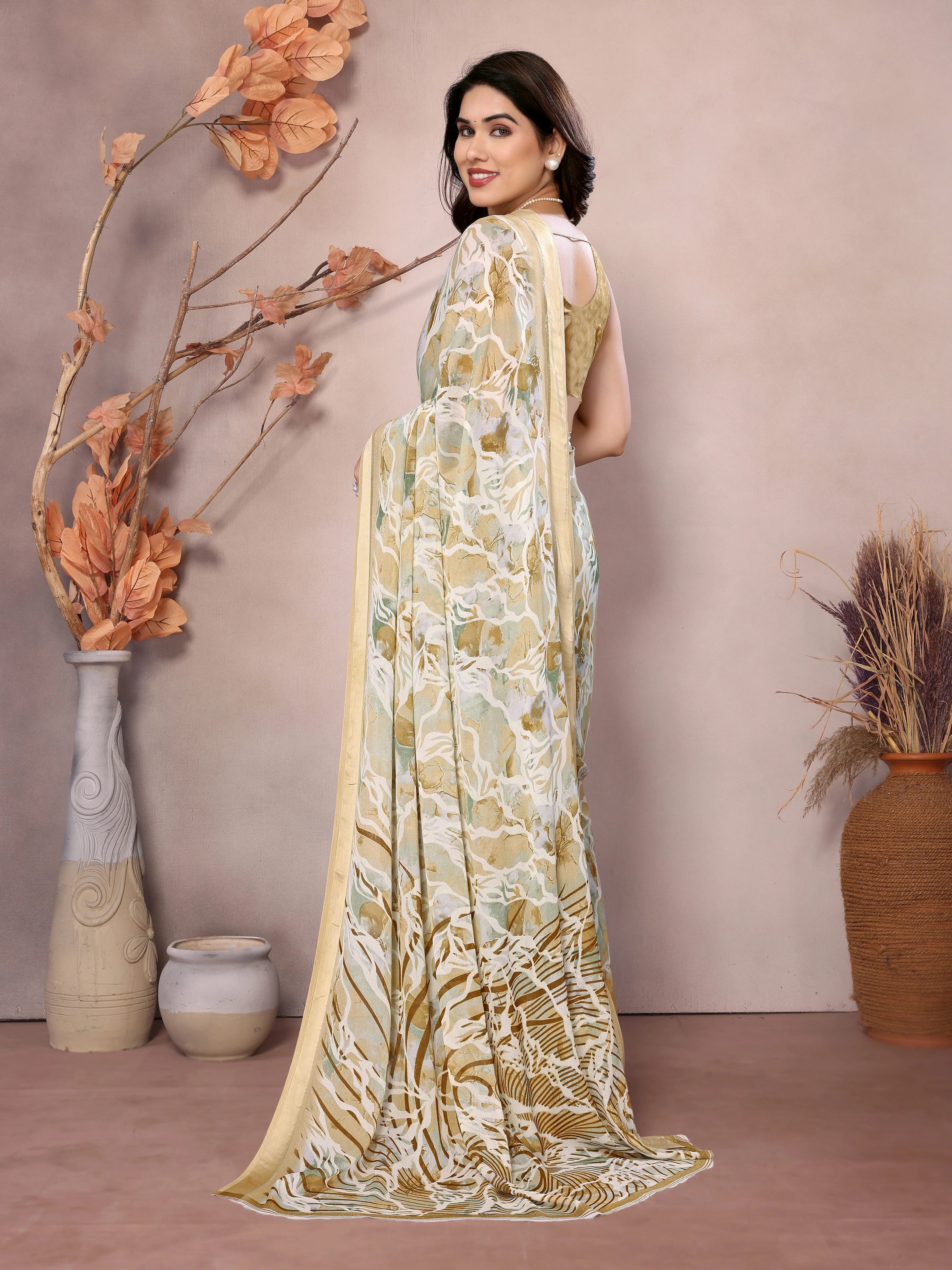 SHYAMIKA Bright Moss Satin Patta flower Printed Saree with Blouse