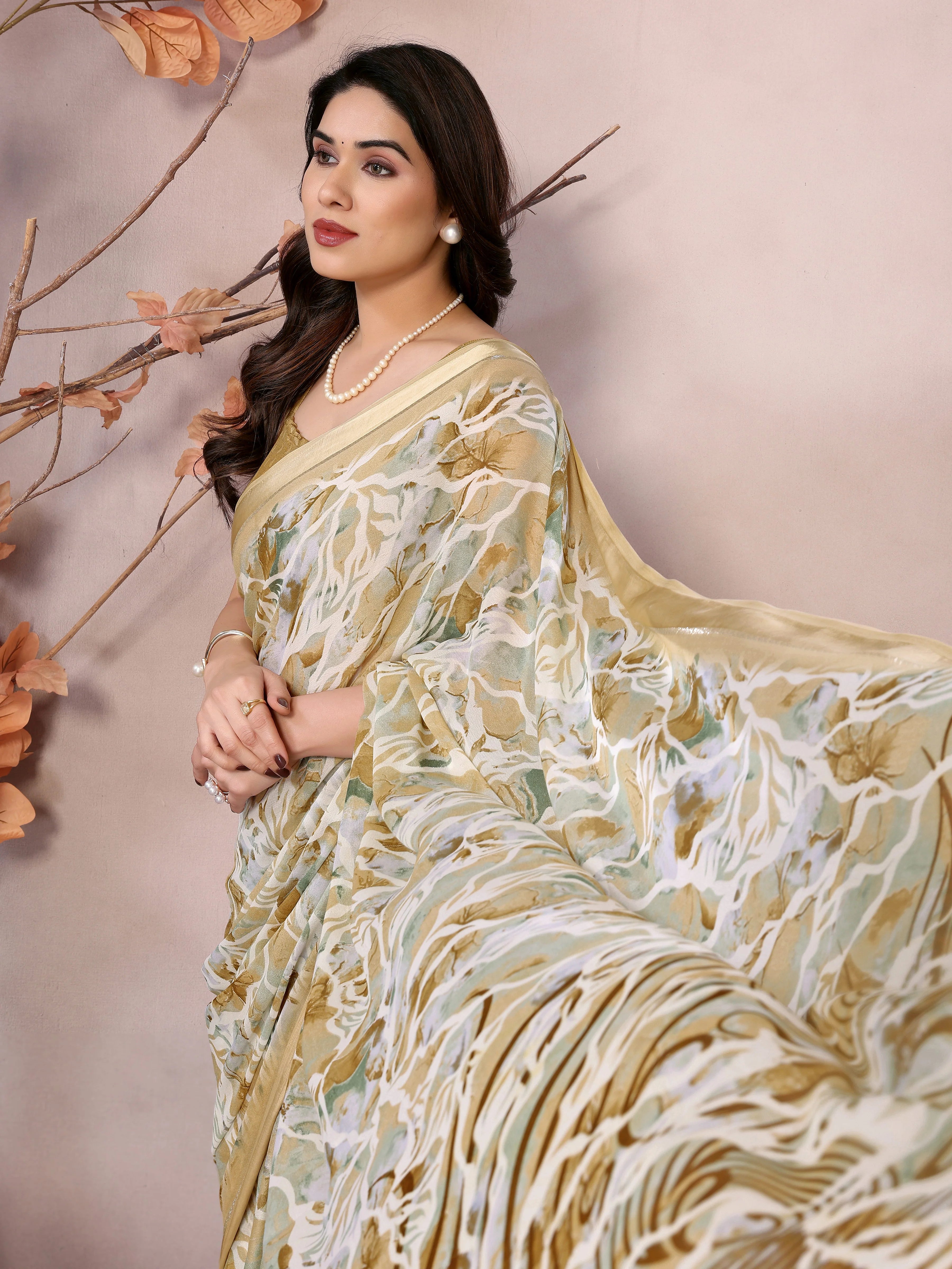 SHYAMIKA Bright Moss Satin Patta flower Printed Saree with Blouse