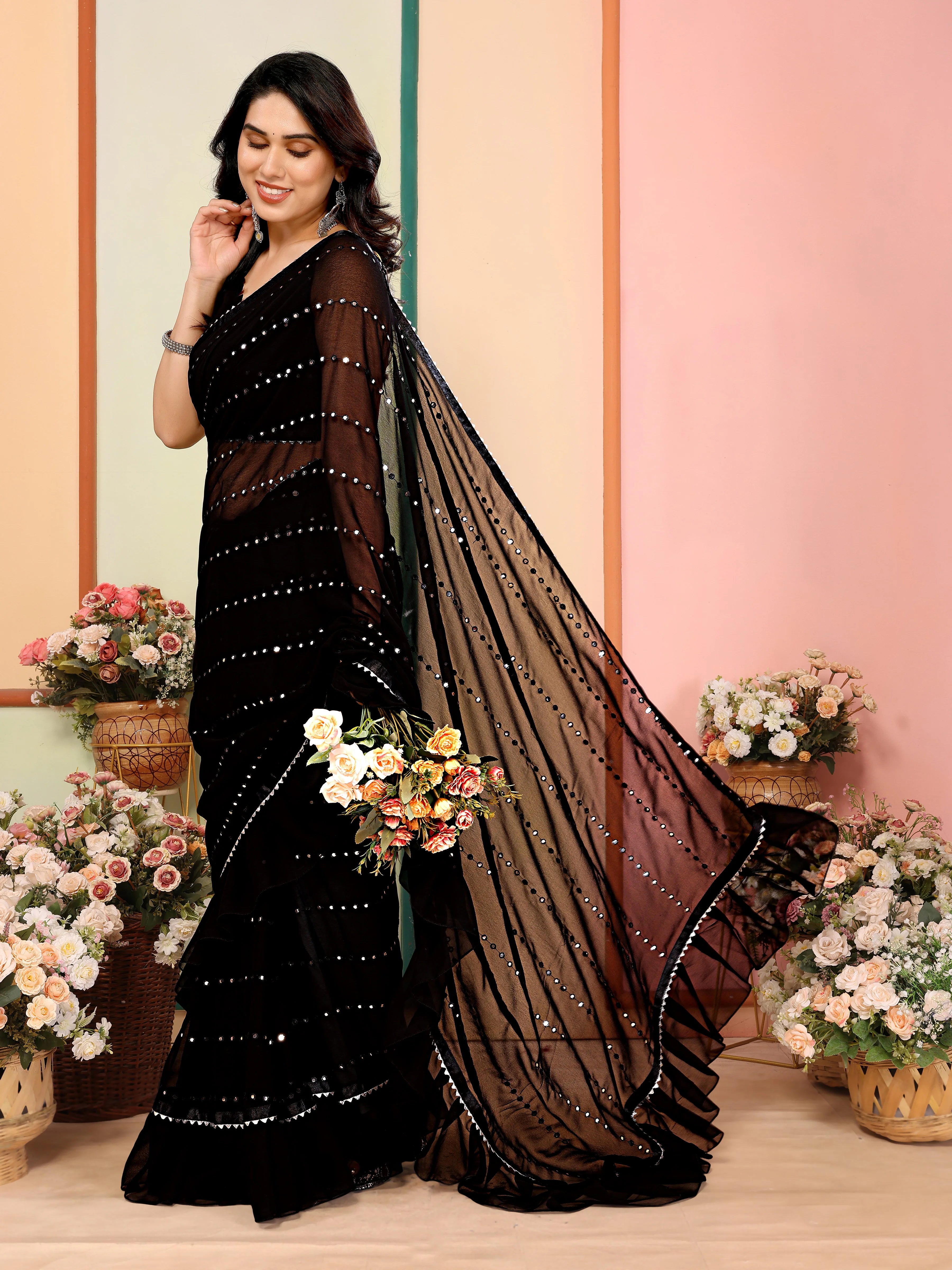 SHYAMIKA Georgette Mirror Work Ruffle Saree with Blouse