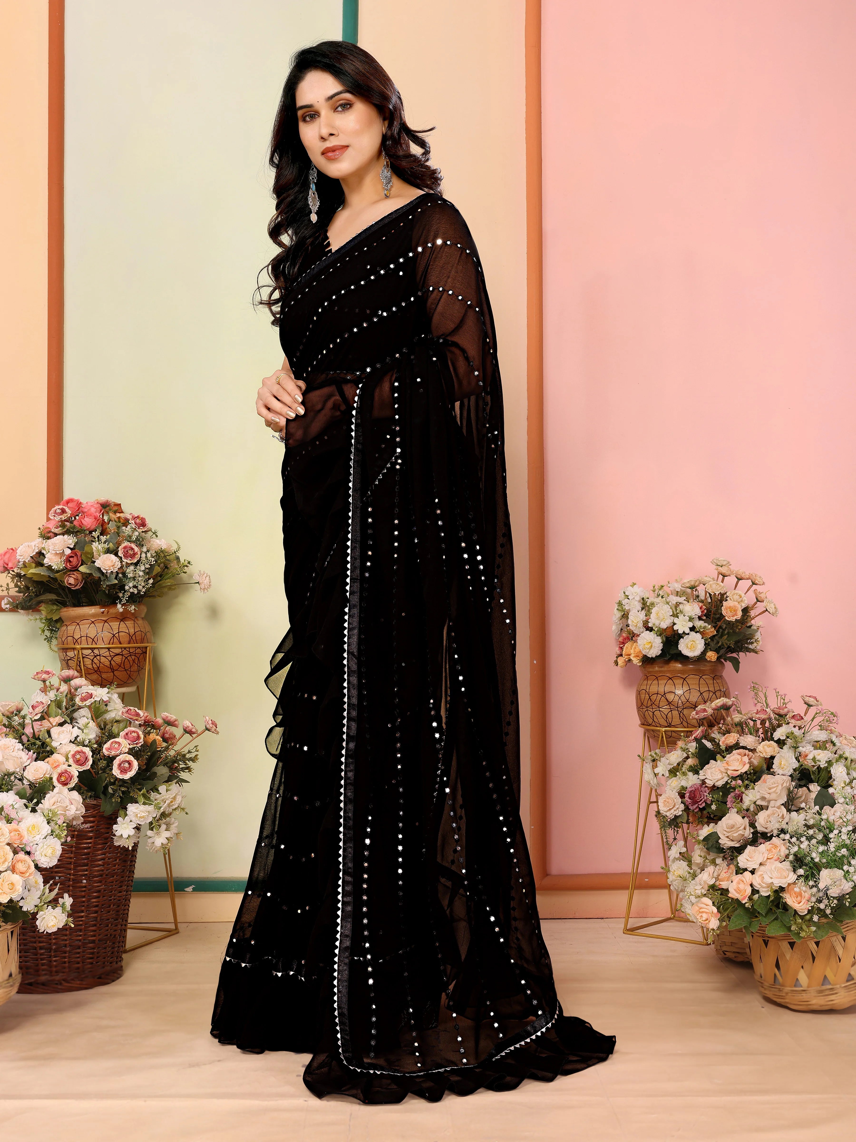 SHYAMIKA Georgette Mirror Work Ruffle Saree with Blouse