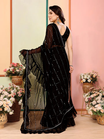 SHYAMIKA Georgette Mirror Work Ruffle Saree with Blouse