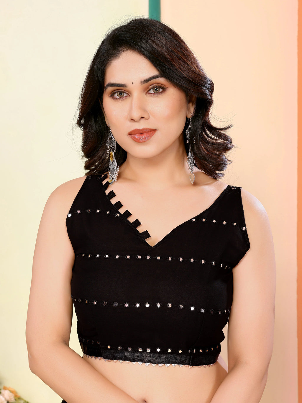 SHYAMIKA Georgette Mirror Work Ruffle Saree with Blouse