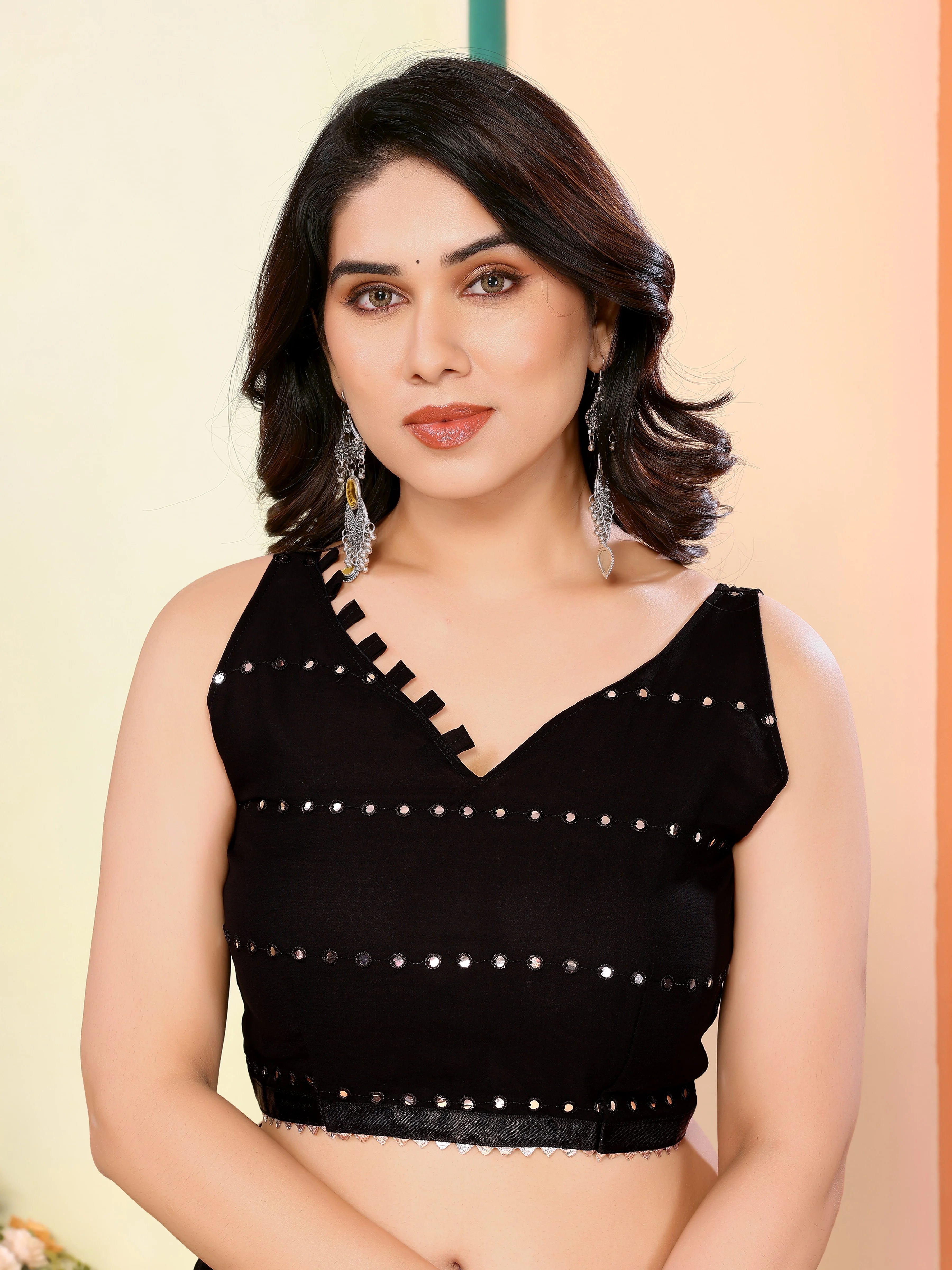 SHYAMIKA Georgette Mirror Work Ruffle Saree with Blouse