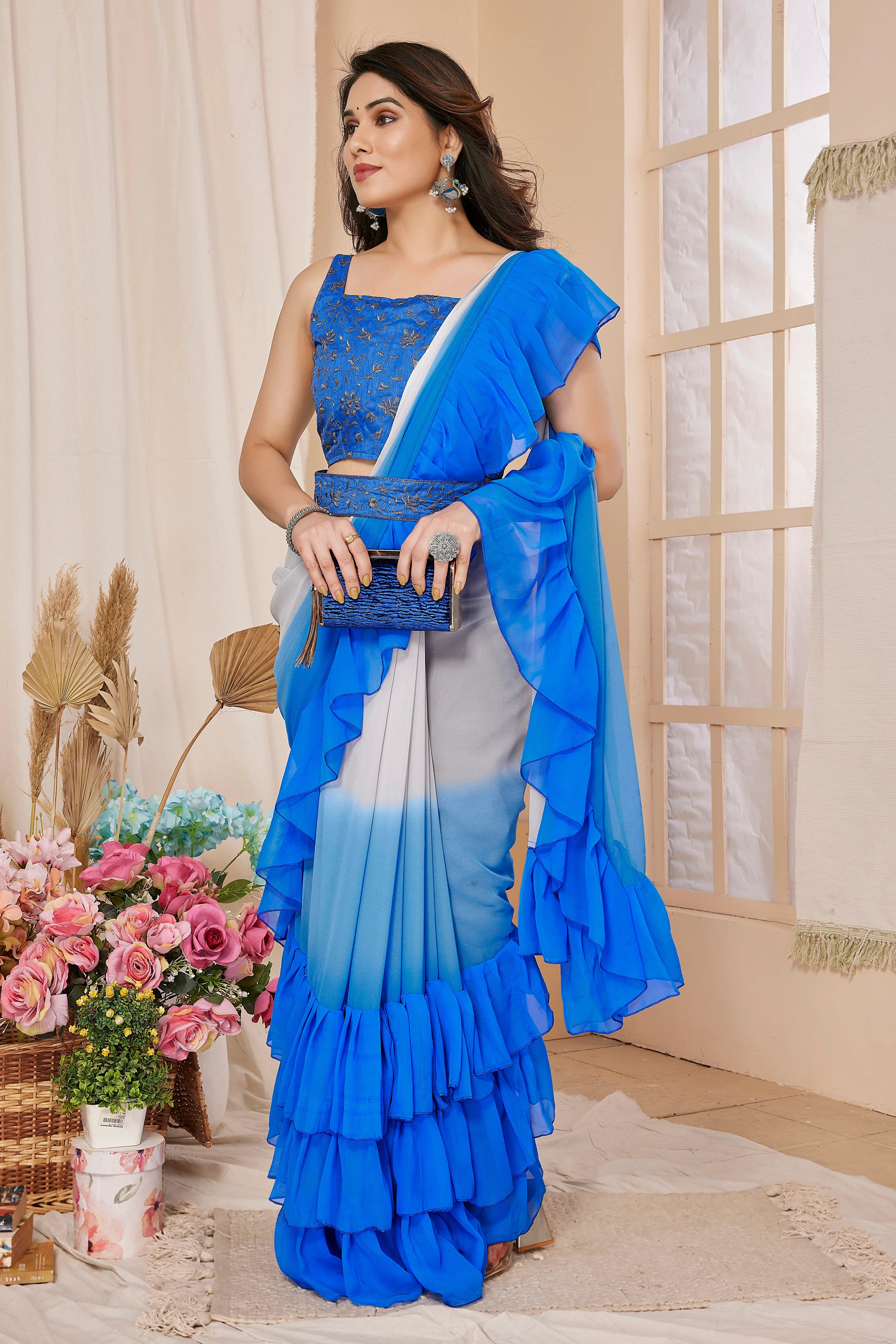 SHYAMIKA Georgette Banglori Work Ruffle Saree with Blouse