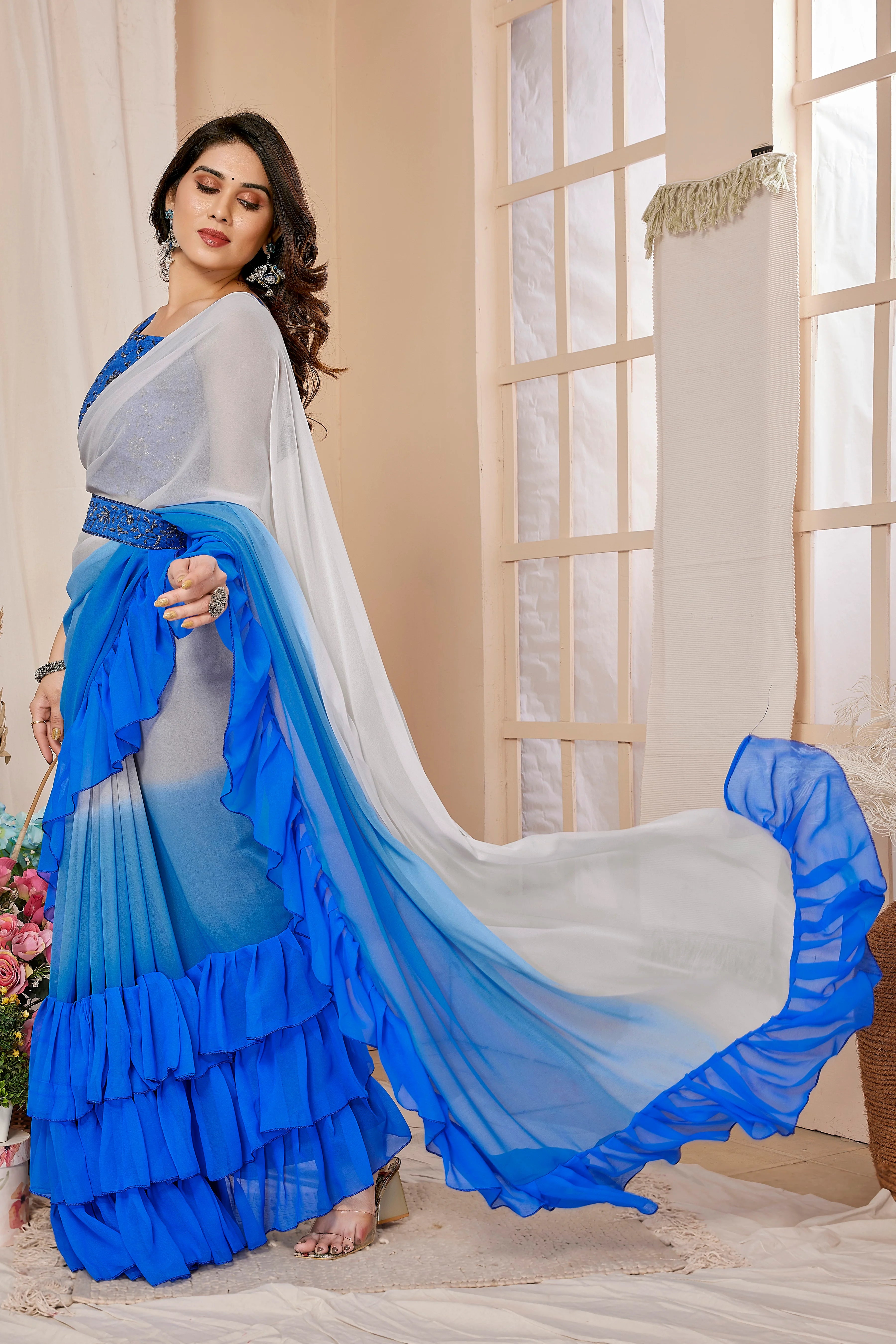 SHYAMIKA Georgette Banglori Work Ruffle Saree with Blouse