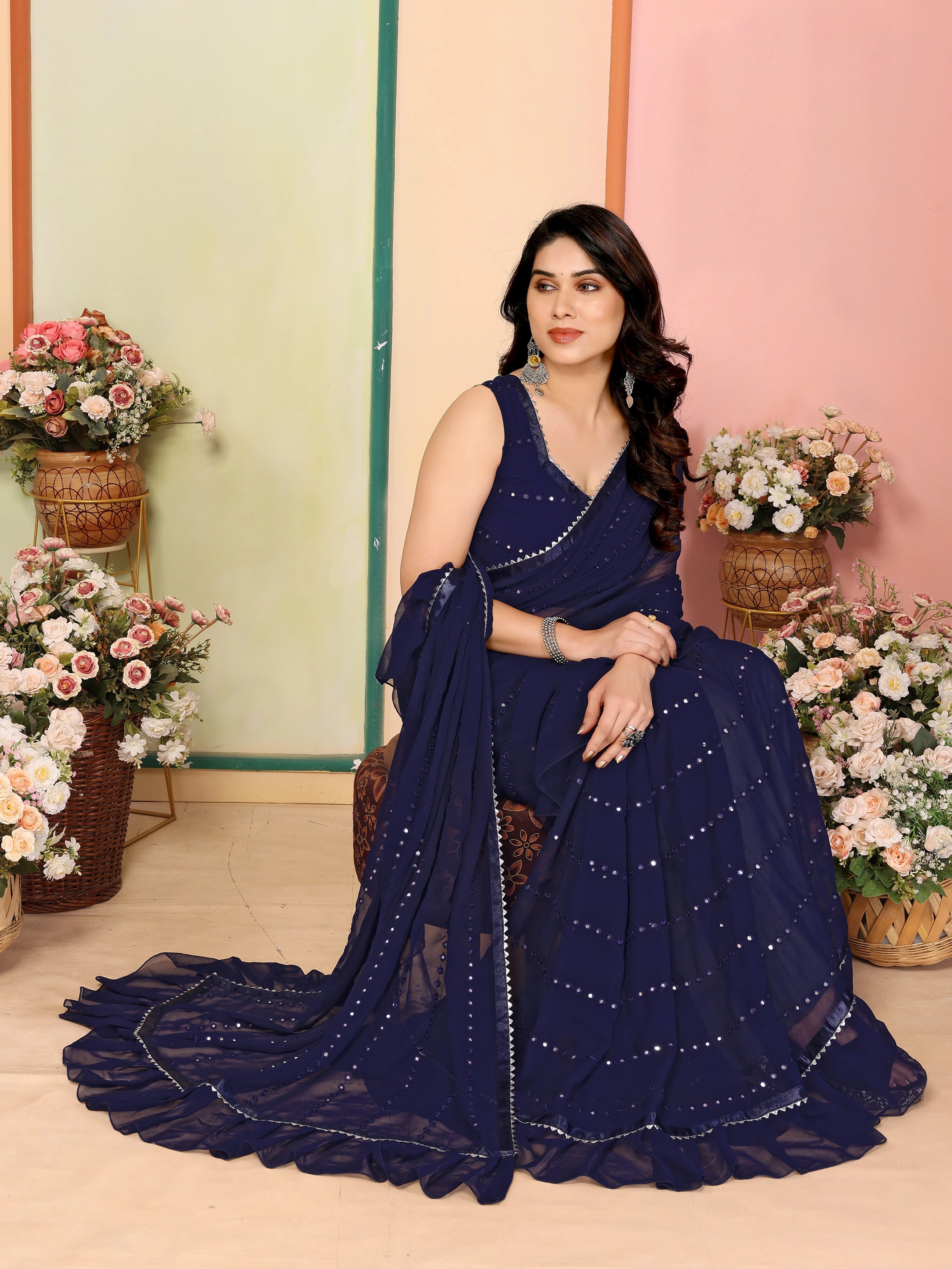 SHYAMIKA Georgette Mirror Work Ruffle Saree with Blouse