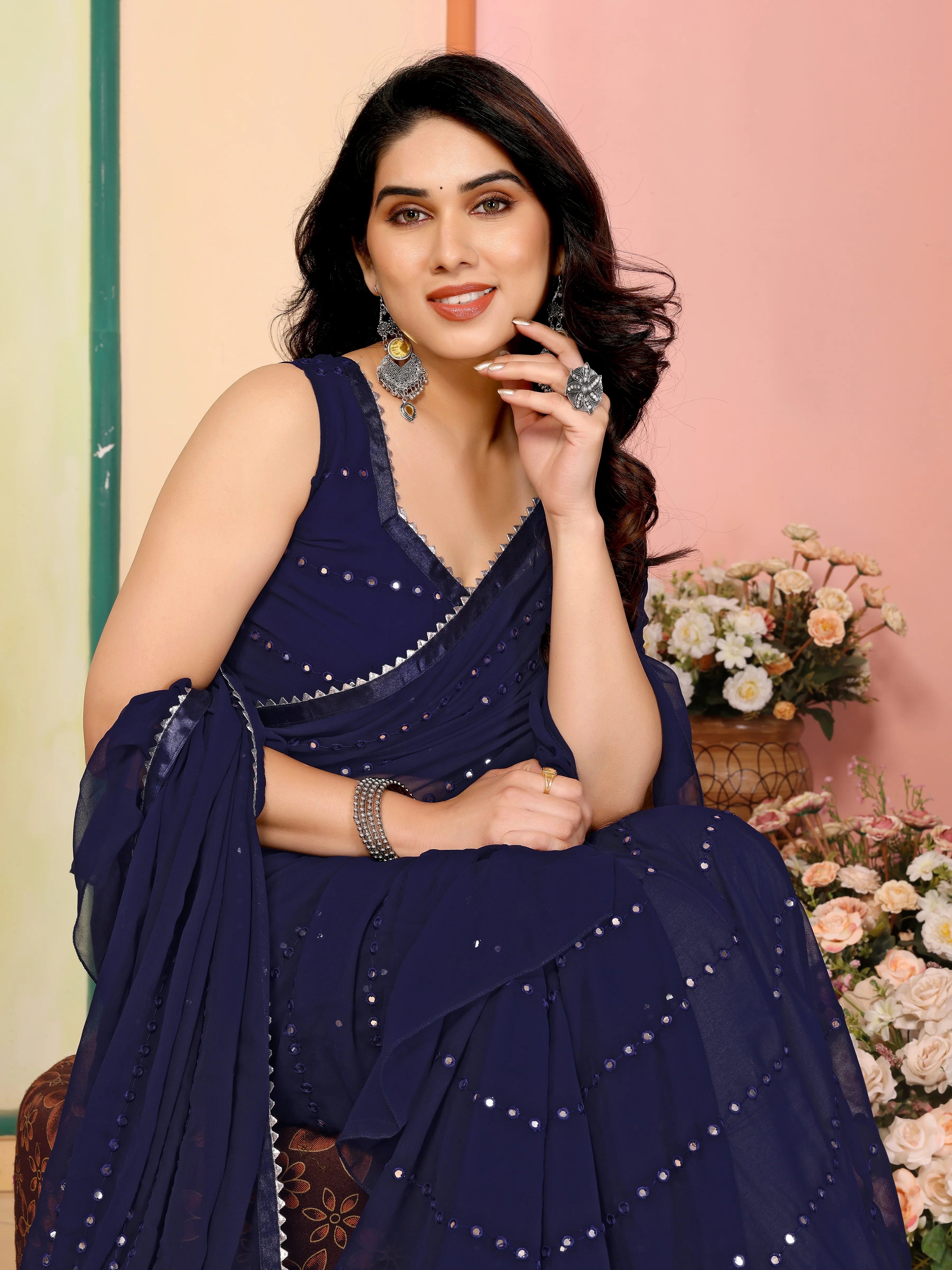 SHYAMIKA Georgette Mirror Work Ruffle Saree with Blouse