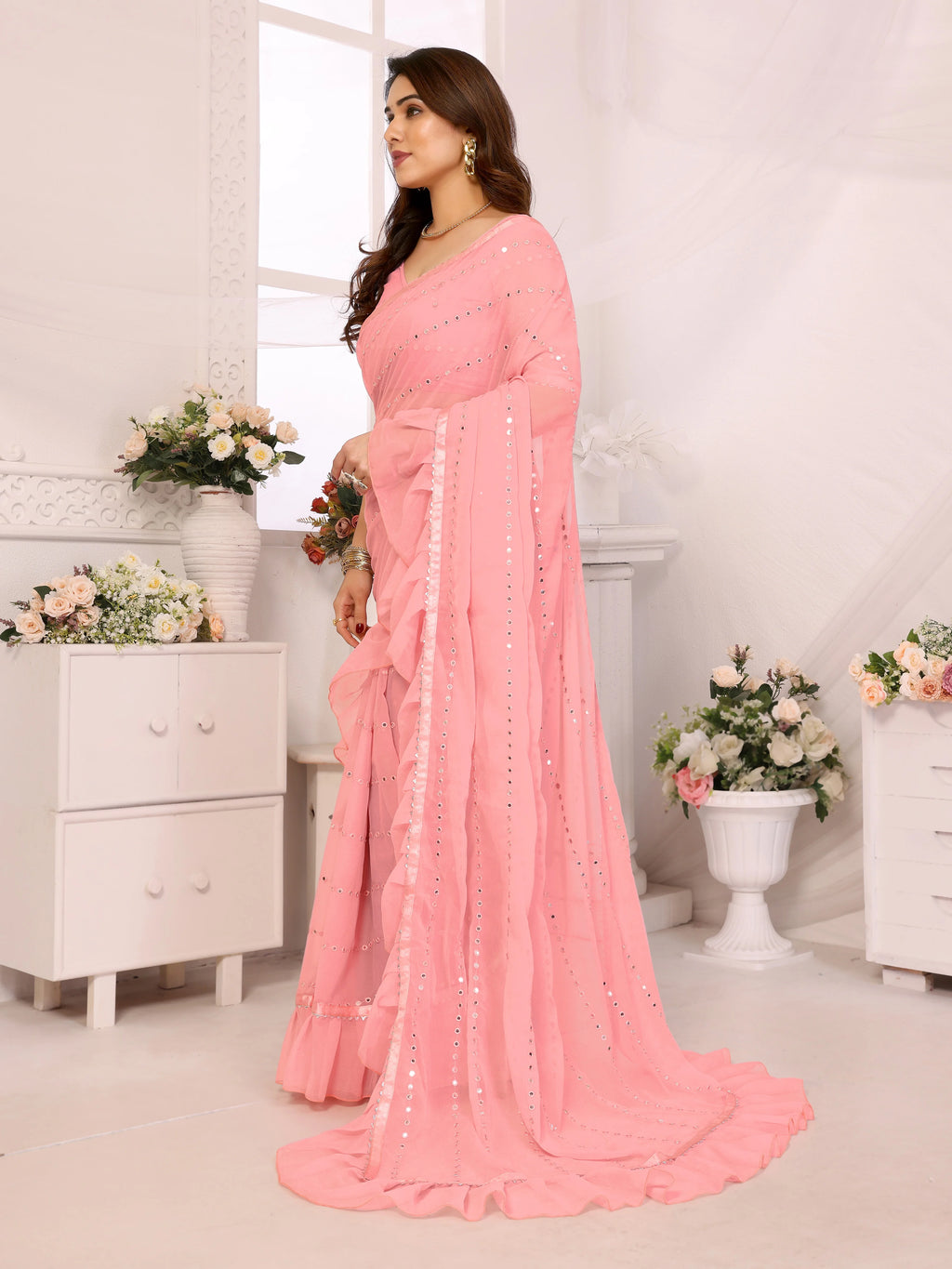 SHYAMIKA Georgette Mirror Work Ruffle Saree with Blouse
