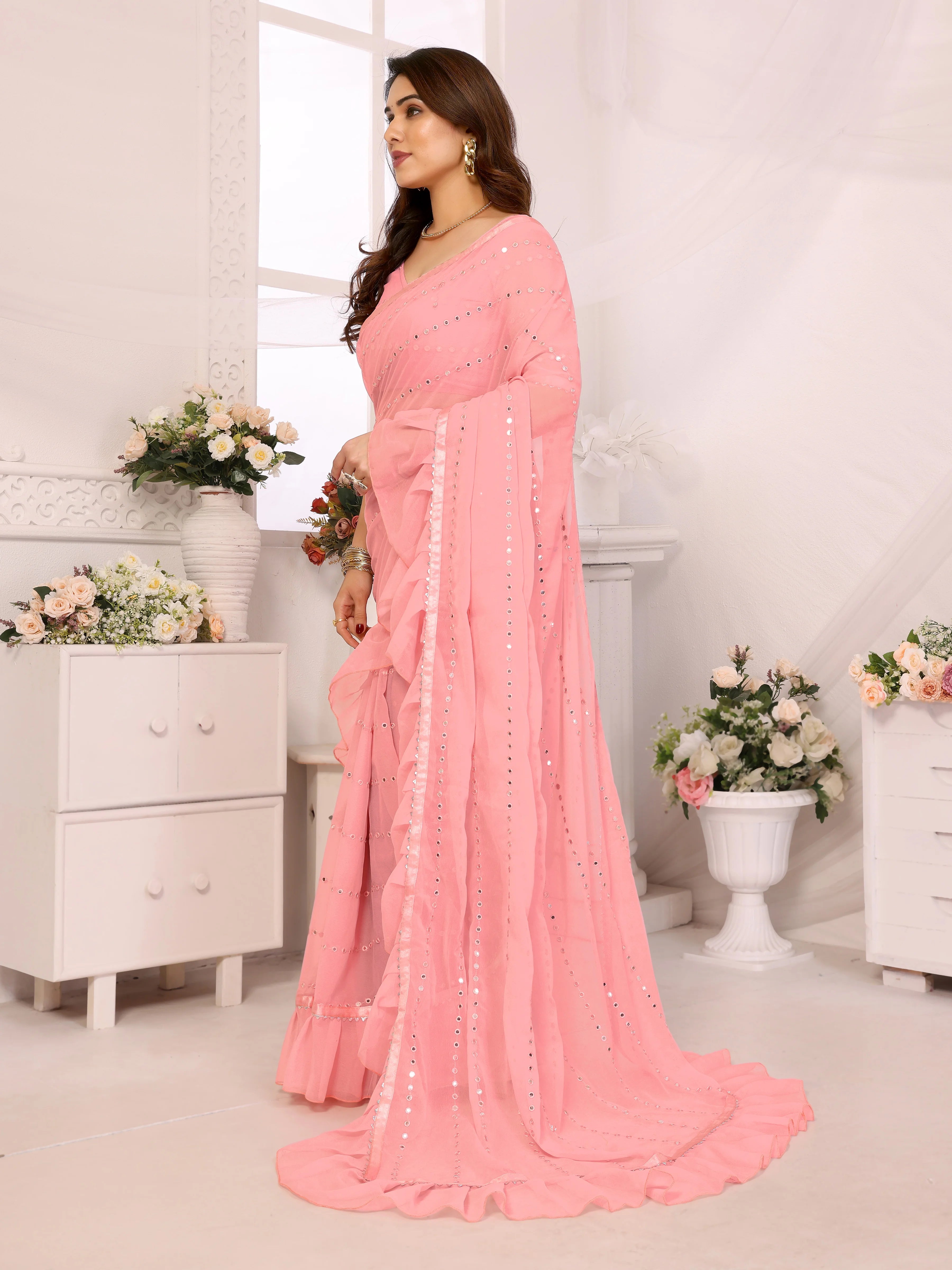 SHYAMIKA Georgette Mirror Work Ruffle Saree with Blouse