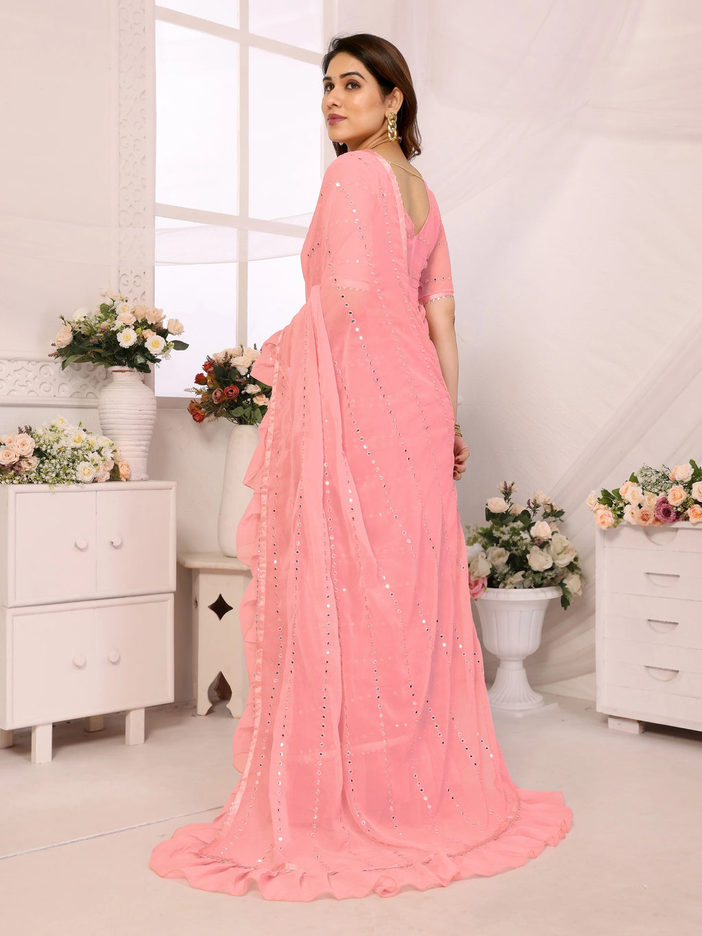 SHYAMIKA Georgette Mirror Work Ruffle Saree with Blouse