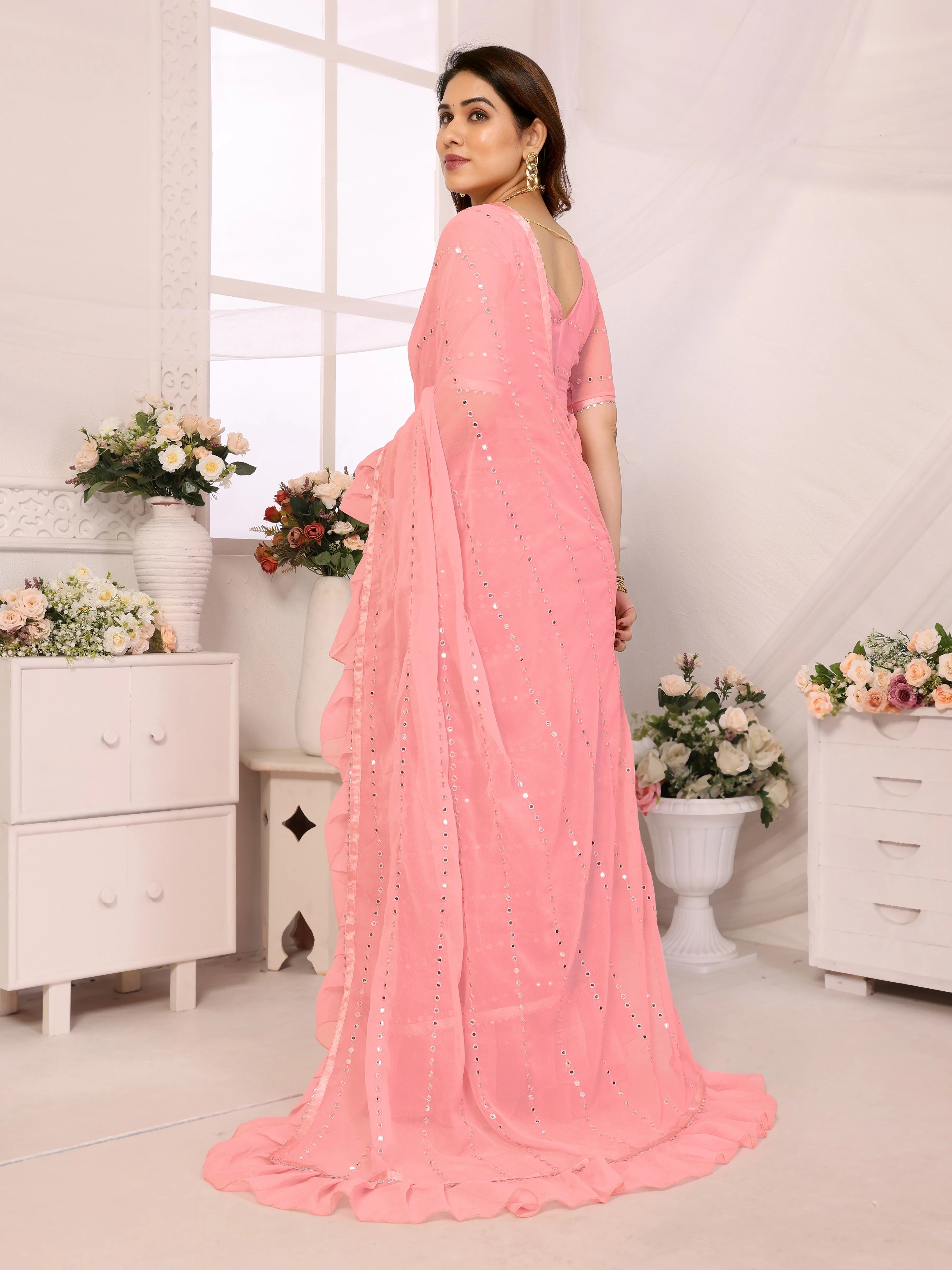 SHYAMIKA Georgette Mirror Work Ruffle Saree with Blouse