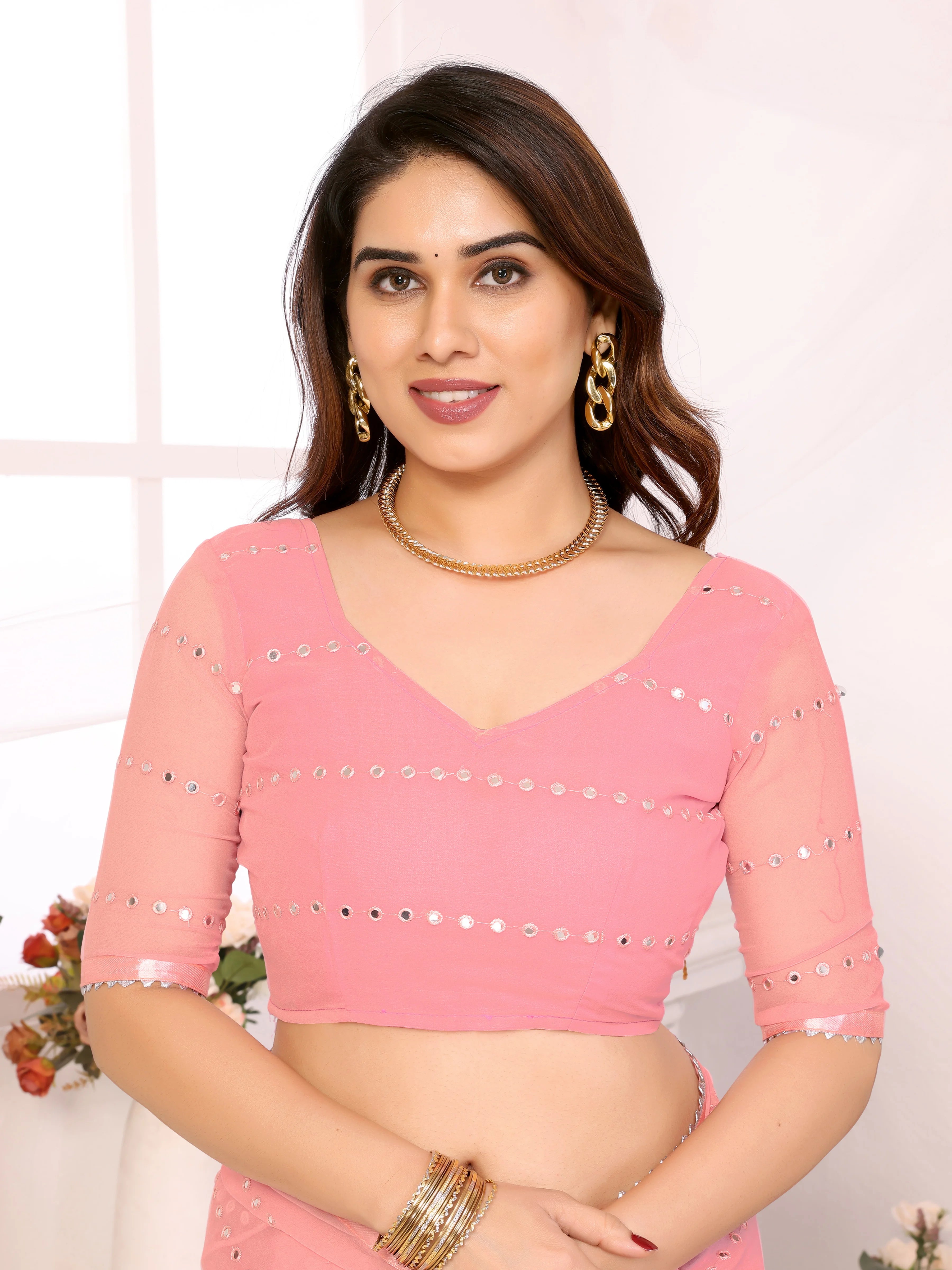 SHYAMIKA Georgette Mirror Work Ruffle Saree with Blouse