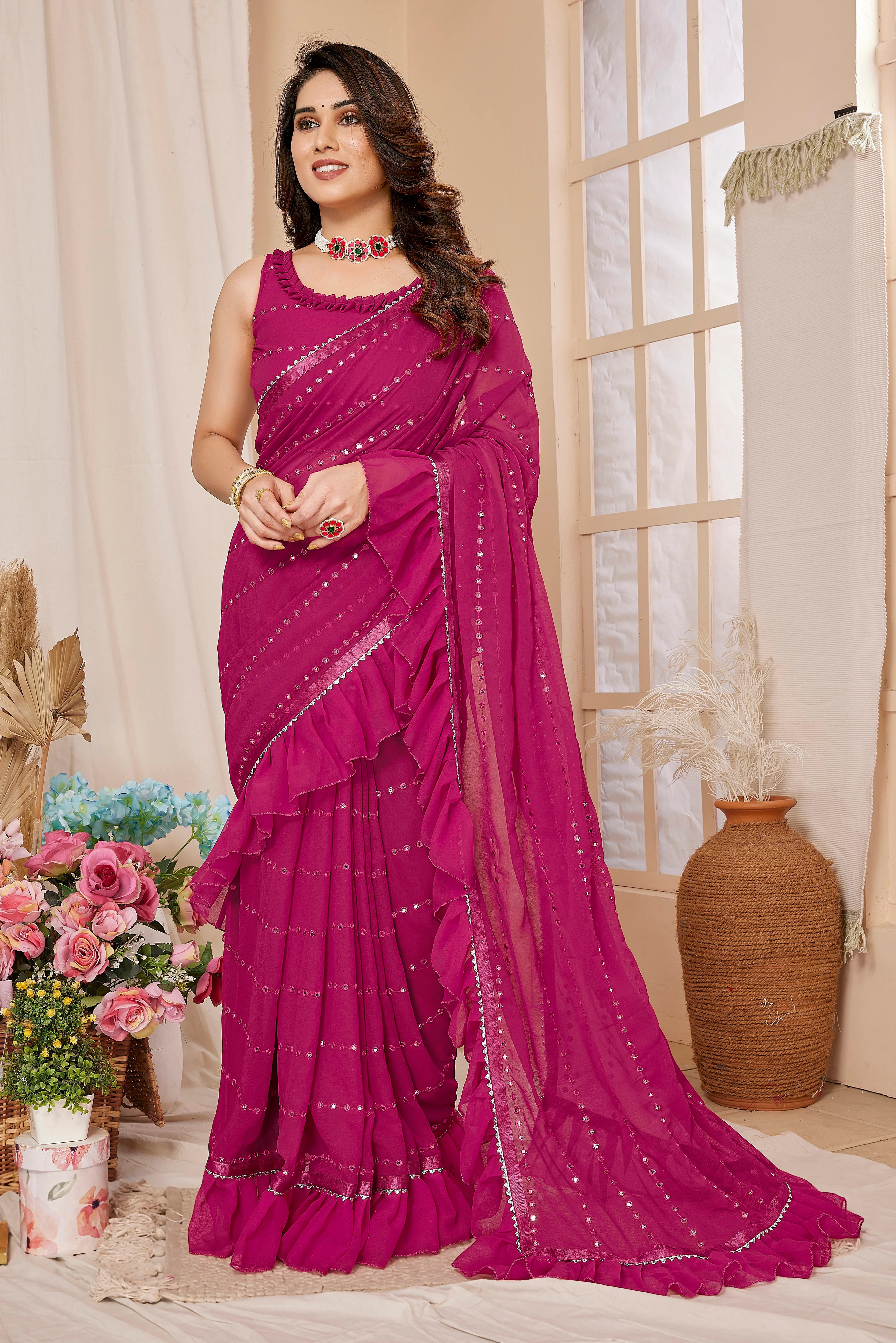 SHYAMIKA Georgette Mirror Work Ruffle Saree with Blouse