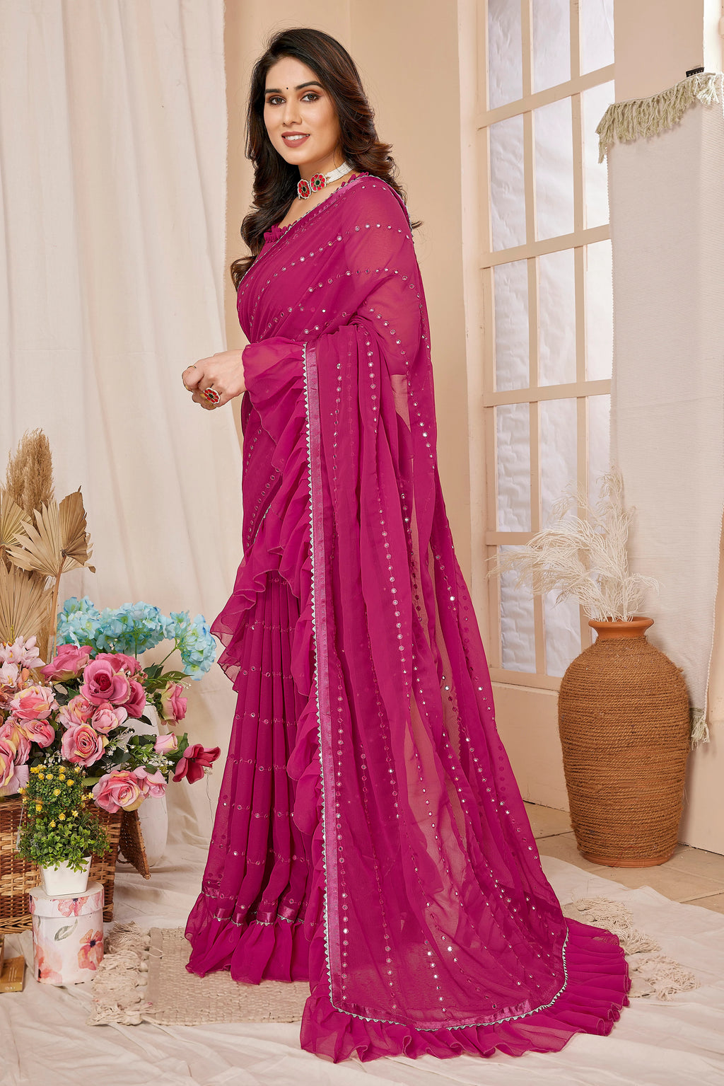 SHYAMIKA Georgette Mirror Work Ruffle Saree with Blouse