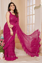 SHYAMIKA Georgette Mirror Work Ruffle Saree with Blouse