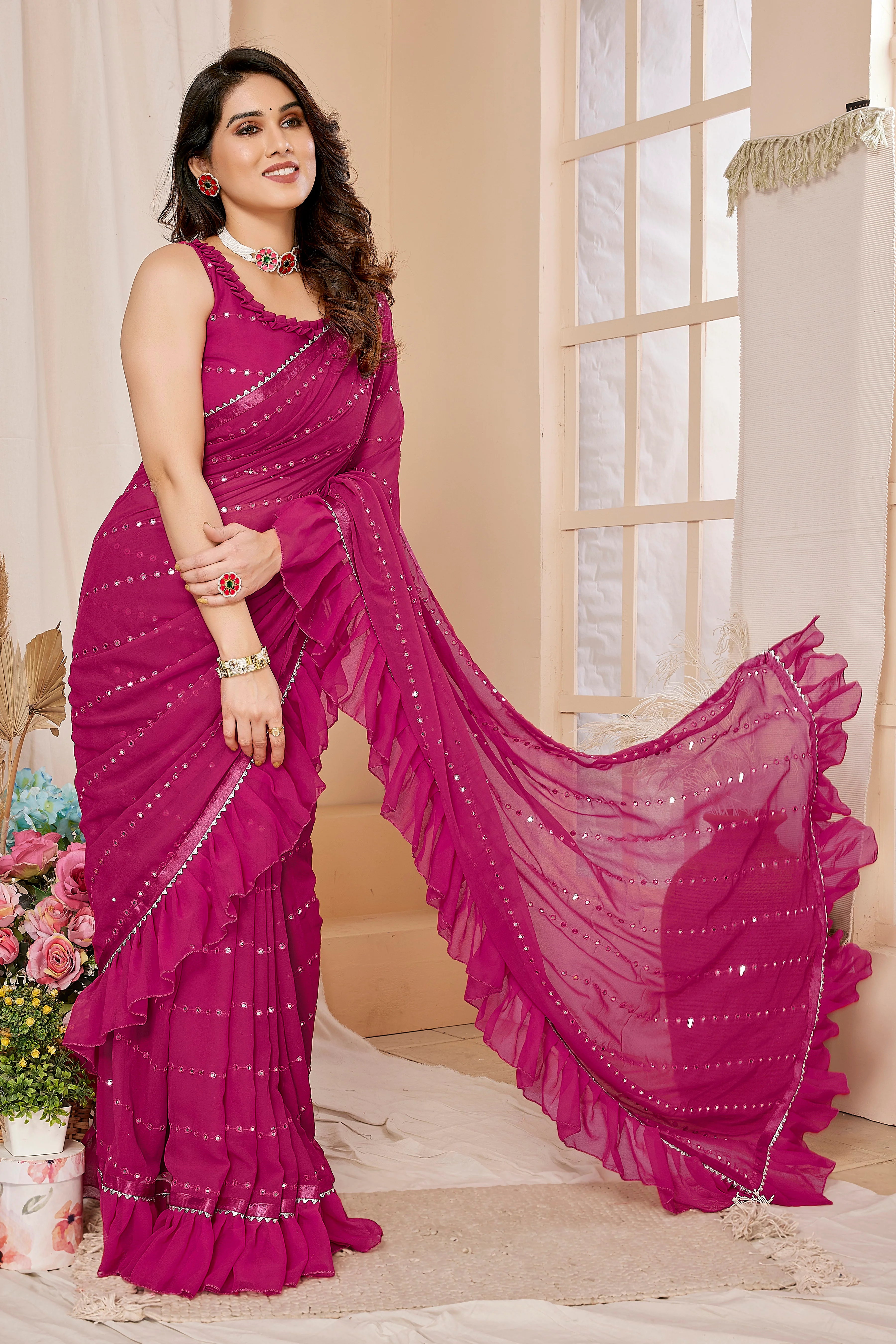 SHYAMIKA Georgette Mirror Work Ruffle Saree with Blouse
